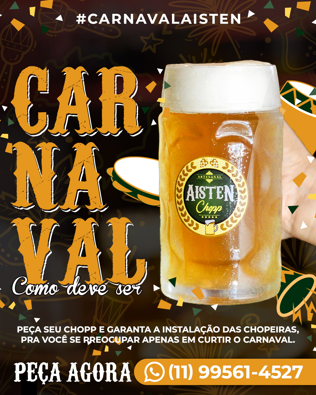 Faça do seu Carnaval algo único com o chopp Aisten, como deve ser! 🎊
Ao pedir nossos deliciosos chopps artesanais, não apenas garantimos esse precioso líquido dourado, mas também cuidamos de todos os detalhes para que você aproveite sem preocupações.
Por que escolher Aisten Chopp para o seu Carnaval?
✅ Chopp Artesanal: Uma experiência de sabor única que vai transformar seu carnaval.
✅ Instalação Profissional: Deixe para nós a instalação das chopeiras, para que você só precise se preocupar em se divertir.
✅ Retirada Descomplicada: Após a festa, cuidamos de tudo. Você relaxa enquanto nós desmontamos as chopeiras.
✅ Atendimento Personalizado: Estamos aqui para garantir que cada gole seja perfeito, e cada momento, memorável.
Neste Carnaval, liberte-se para se divertir enquanto nós cuidamos dos detalhes.
Entre em contato agora para garantir o seu chopp e reservar a instalação exclusiva para o Carnaval!
📱 Peça pelo Whatsapp (11) 99561-4527
📞 Peça pelo telefone (11) 4456-9899
Acesse o nosso site e conheça mais!
📱aistenchopp.com.br
#carnaval2024 #chopp #choppartesanal #ipa #pilsen #choppgelado #samba #blocoderua #folia #choppaisten