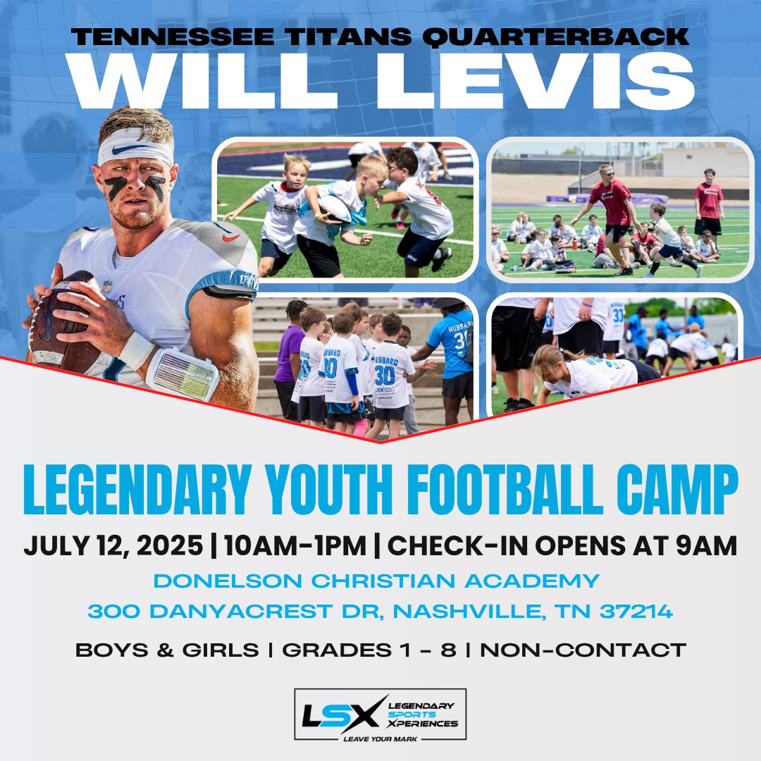 📍 Just Announced! The Will Levis Legendary Youth Football Camp is headed to Nashville! 🏈
📅 July 12, 2025
⏰ 10 AM – 1 PM
📍 Donelson Christian Academy
👧👦 Grades 1–8 | Boys & Girls | No Experience Needed
Train with Titans QB Will Levis, compete in fun contests, and make unforgettable memories!
⚠️ Limited spots available – don’t miss your chance!
👉 Register now:https://www.legendarysportsx.com/camp-schedule/will-levis-youth-football-camp