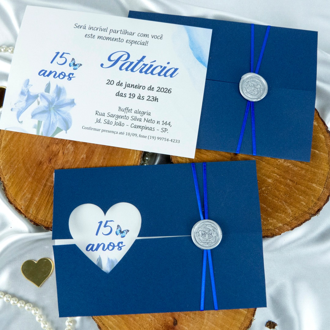 Convite de 15 anos, envelope 15x21cm. Azul Marinho #convite15anospersonalizado