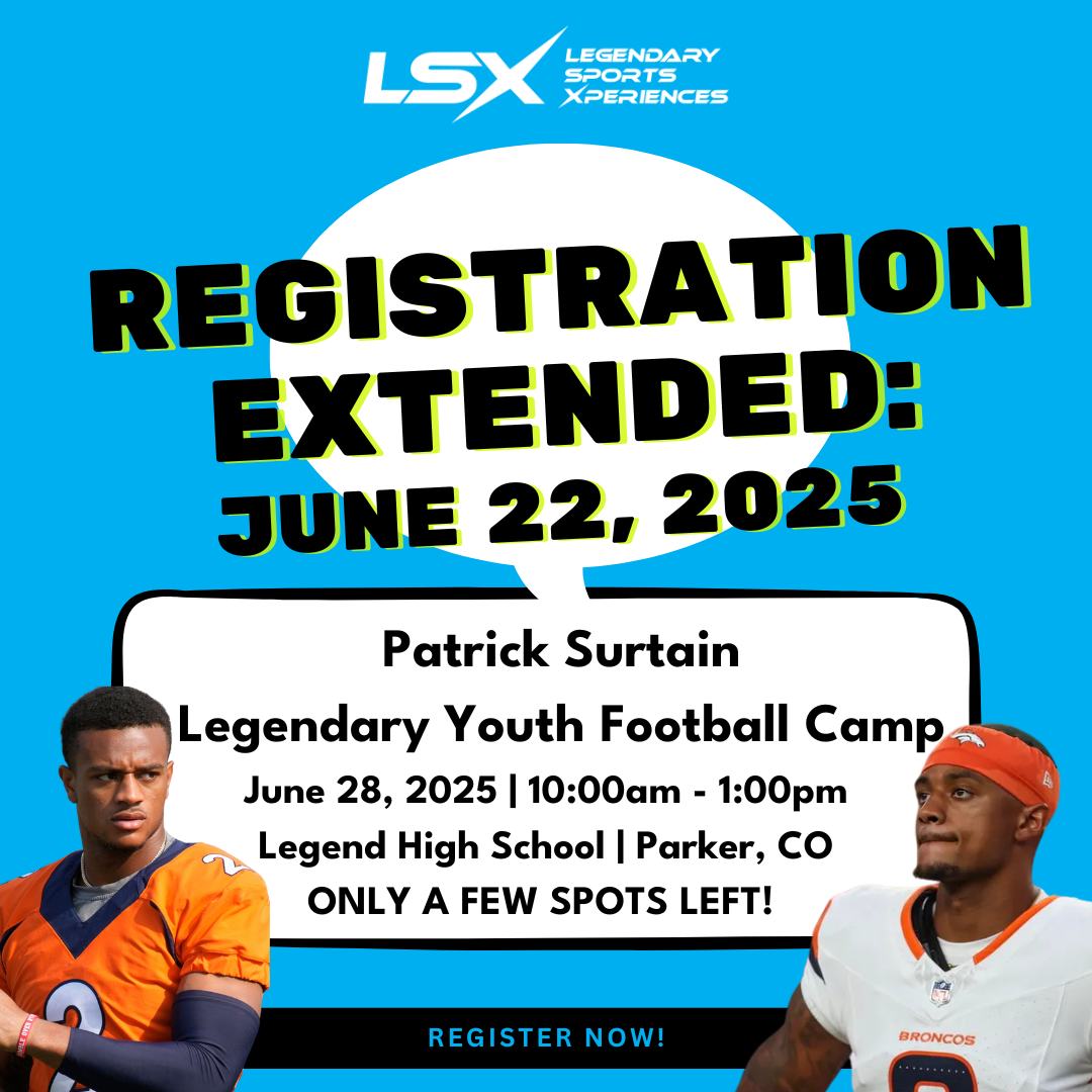 🚨 JUST ANNOUNCED: Registration EXTENDED! 🚨 Due to high demand, we’ve extended registration for the Patrick Surtain Legendary Youth Football Camp until June 22, 2025! 🏈
Don’t miss this chance for your child to train with one of the best in the game! This is more than a camp — it’s a day of mentorship, fun, and unforgettable memories.
📍 Legend High School | Parker, CO
📅 June 28, 2025 | 10AM - 1PM
⚠️ Only a FEW spots left — secure yours today!
👉 Register Here https://www.legendarysportsx.com/camp-schedule/patrick-surtain-ii-legendary-youth-football-camp