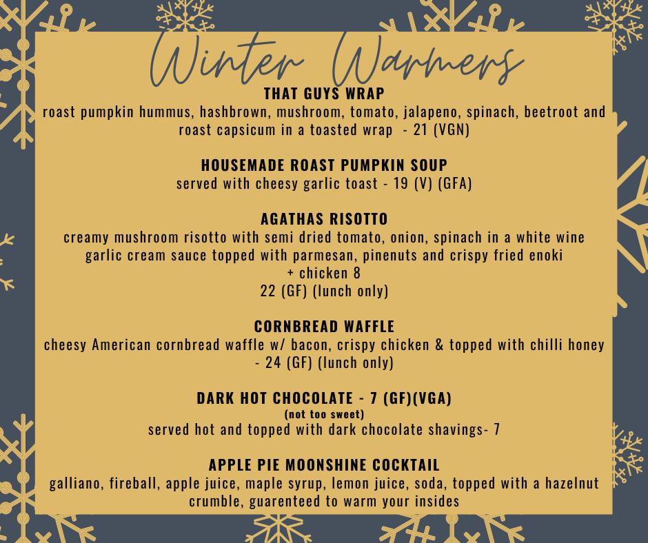 Just a lil something extra in these cooler months for you guys! Will warm the soul and the toes! Available all winter and all day! Dine in or take away.
.
.
.
#WinterWarmers #agathasatportnoarlunga #ComfortFoodSeason #PortNoarlungaEats #WinterEats #CafeVibes #CoffeeAndComfort #AdelaideEats #FleurieuPeninsula #SouthAustraliaFood #SoupSeason #TreatYourselfRight #HotFoodHotDrinks #SupportLocalSA #CoastalCafeVibes #HeartyMeals