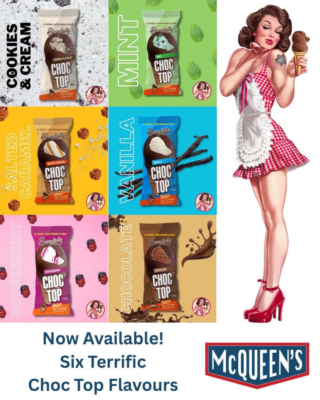 Now available! Six terrific Choc Top flavours. Serendipitous.
We are open for wood fired pizza from 4.30 - 8 pm Wednesday to Sunday evenings. Pick up, Delivery, Dine In.
#mcqueenswoodfiredpizza #pizza #woodfiredpizza #takeaway #delivery #homedelivery #dinein #glutenfree #vegan #freshisbest #buylocal #eatmoreveg #azzuricheese #serendipity_icecream #woodend #woodendvillage #lovewoodend