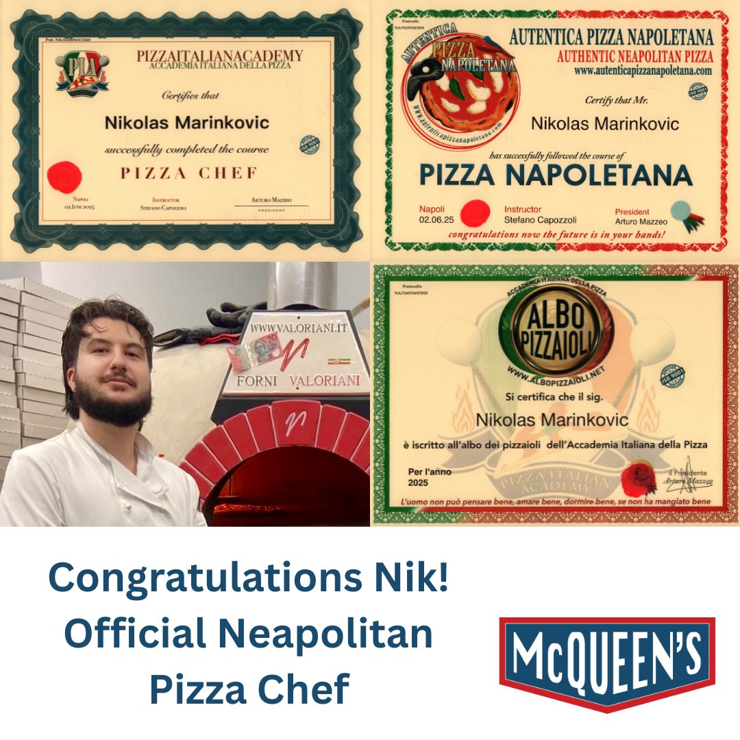 Congratulations to Nik, our Head Chef, for successfully completing the advanced pizza chef course in Naples, Italy.
As well as a qualified chef he is now also a globally certified Neopolitan Pizziaola.
We look forward to sharing his new skills with you in the coming weeks and months.
We are open for wood fired pizza from 4.30 - 8 pm Wednesday to Sunday evenings. Pick up, Delivery, Dine In.
#mcqueenswoodfiredpizza #pizza #woodfiredpizza #takeaway #delivery #homedelivery #dinein #glutenfree #vegan #freshisbest #buylocal #eatmoreveg #azzuricheese #serendipity_icecream #woodend #woodendvillage #lovewoodend
