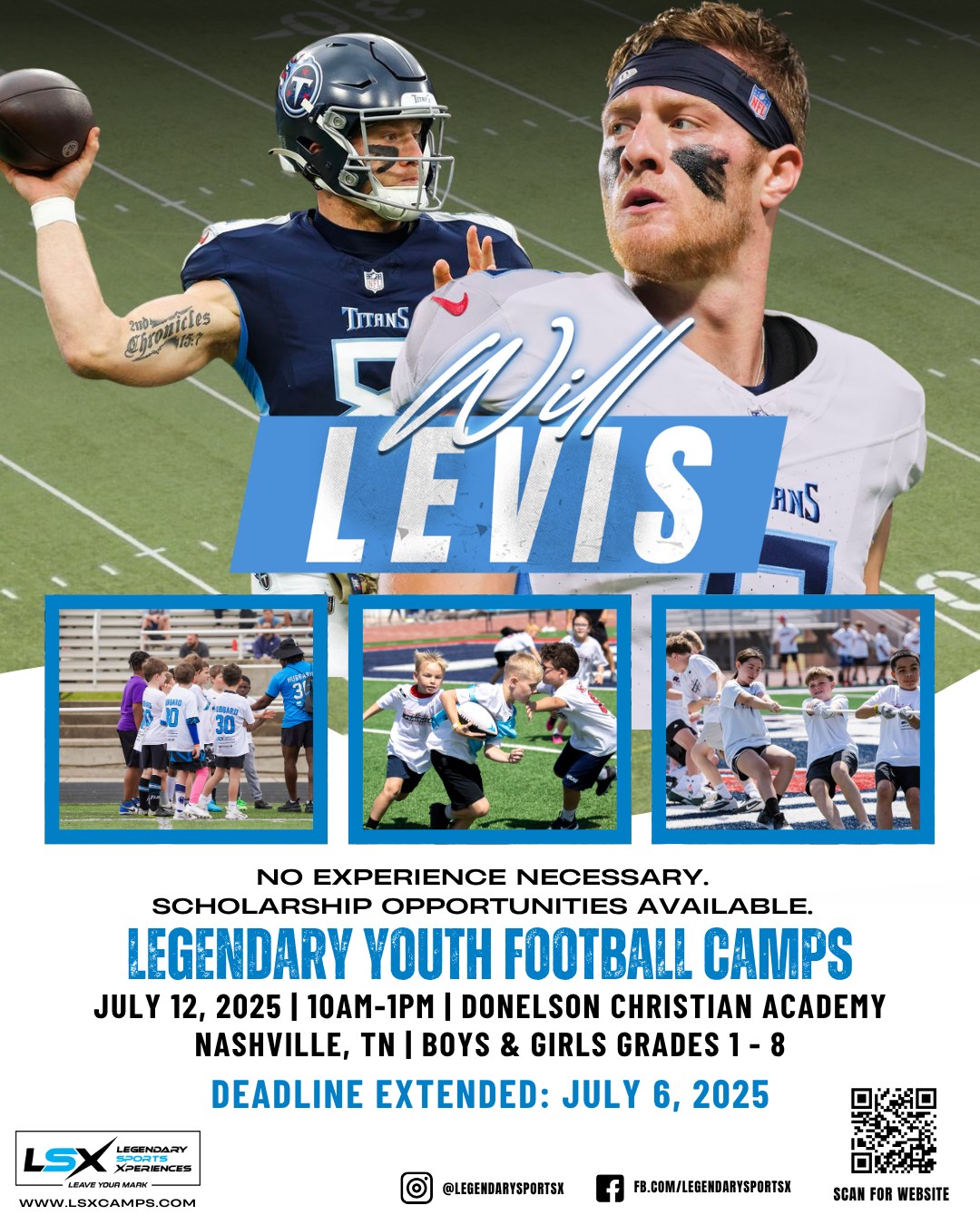 🚨 DEADLINE EXTENDED! 🚨 Join us for an unforgettable day with NFL quarterback Will Levis at the Legendary Youth Football Camp in Nashville! 🏈🔥
📅 July 12, 2025
🕙 10AM – 1PM
📍 Donelson Christian Academy
No experience needed—boys & girls Grades 1-8 welcome! Plus, scholarship opportunities available.
Secure your spot now before it's too late! 👉 Register by July 6, 2025 at https://www.legendarysportsx.com/camp-schedule/will-levis-youth-football-camp