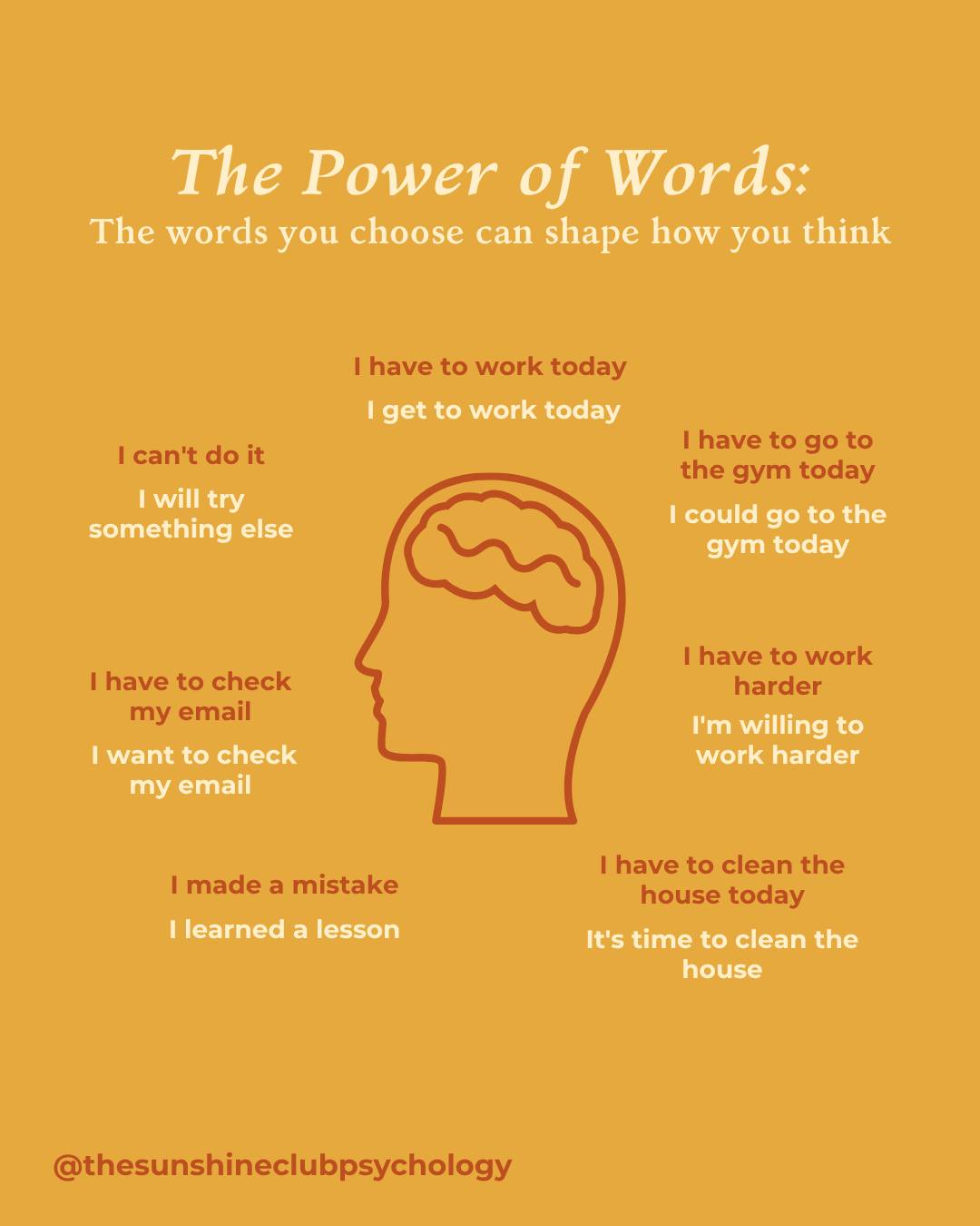 The words we use shape the way we think. Even small shifts in language can create powerful changes in our mindset.
If you're finding it hard to manage your thoughts or self-talk, we're here to help.
📞 Call us at 0466 472 731
📧 Email: admin@thesunshineclubpsychology.com
Let’s work together toward healthier thinking.
#mentalhealth #CBT #therapy #psychology #mindsetmatters