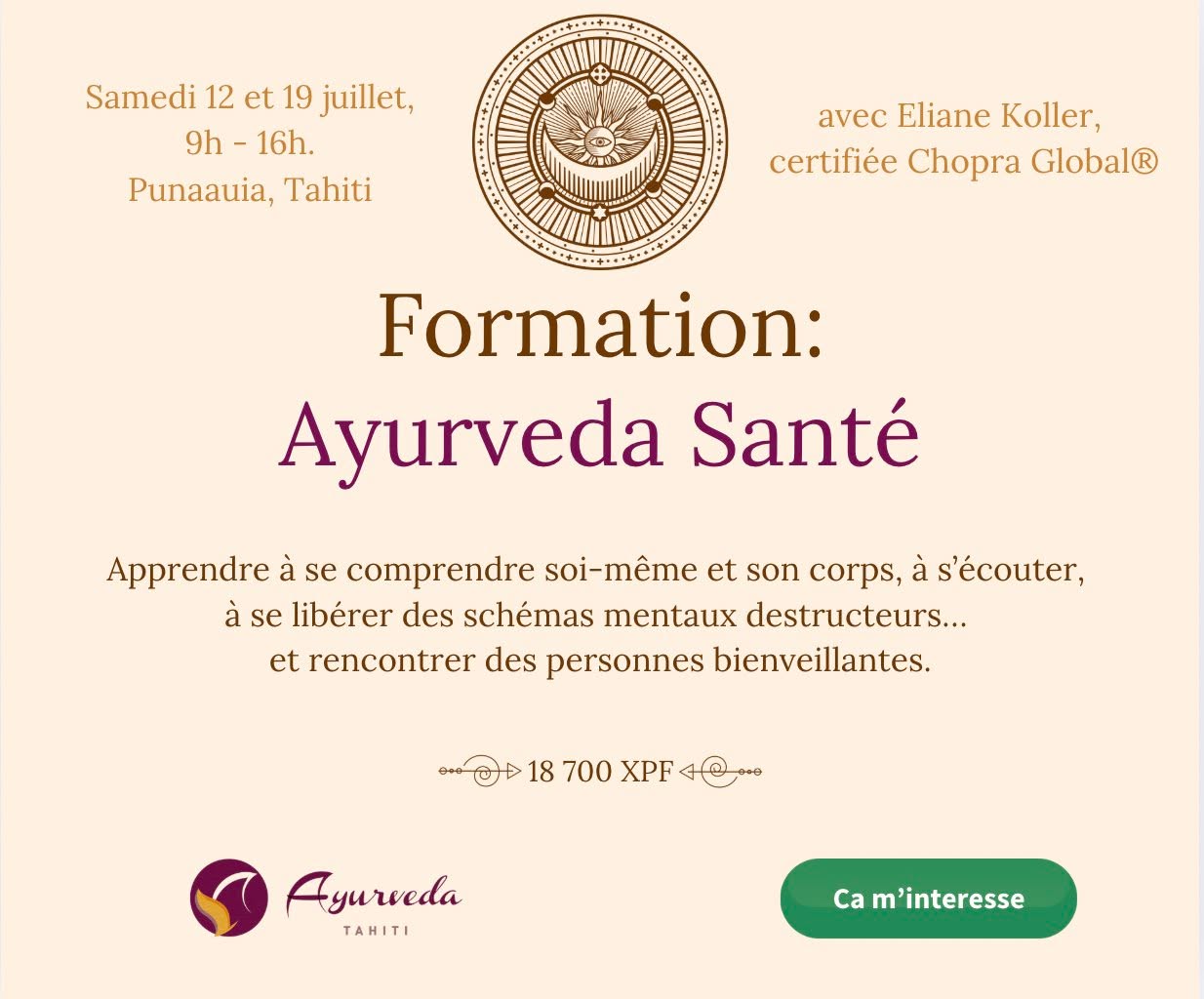 Il reste 2 places pour ma formation certifiée en Ayurveda Santé, à Punaauia !
10 heures d’enseignement issu directement de la méthode Deepak Chopra, dont je suis enseignante certifiée - avec 2 ateliers de cuisine ayurvédique inclus
Les samedi 12 & 19 juillet, de 9h à 16h – en petit groupe (max. 6 personnes)
Tu découvriras comment cette tradition millénaire, alliée aux avancées scientifiques modernes, peut réellement transformer ta vitalité, ta clarté mentale et ton bien-être global.
Inscriptions ouvertes jusqu’à ce que les dernières places soient prises !
MP moi pour plus d'information
#AyurvedaTahiti #ChopraCertified #SantéHolistique #TransformationIntérieure #TahitiFormation