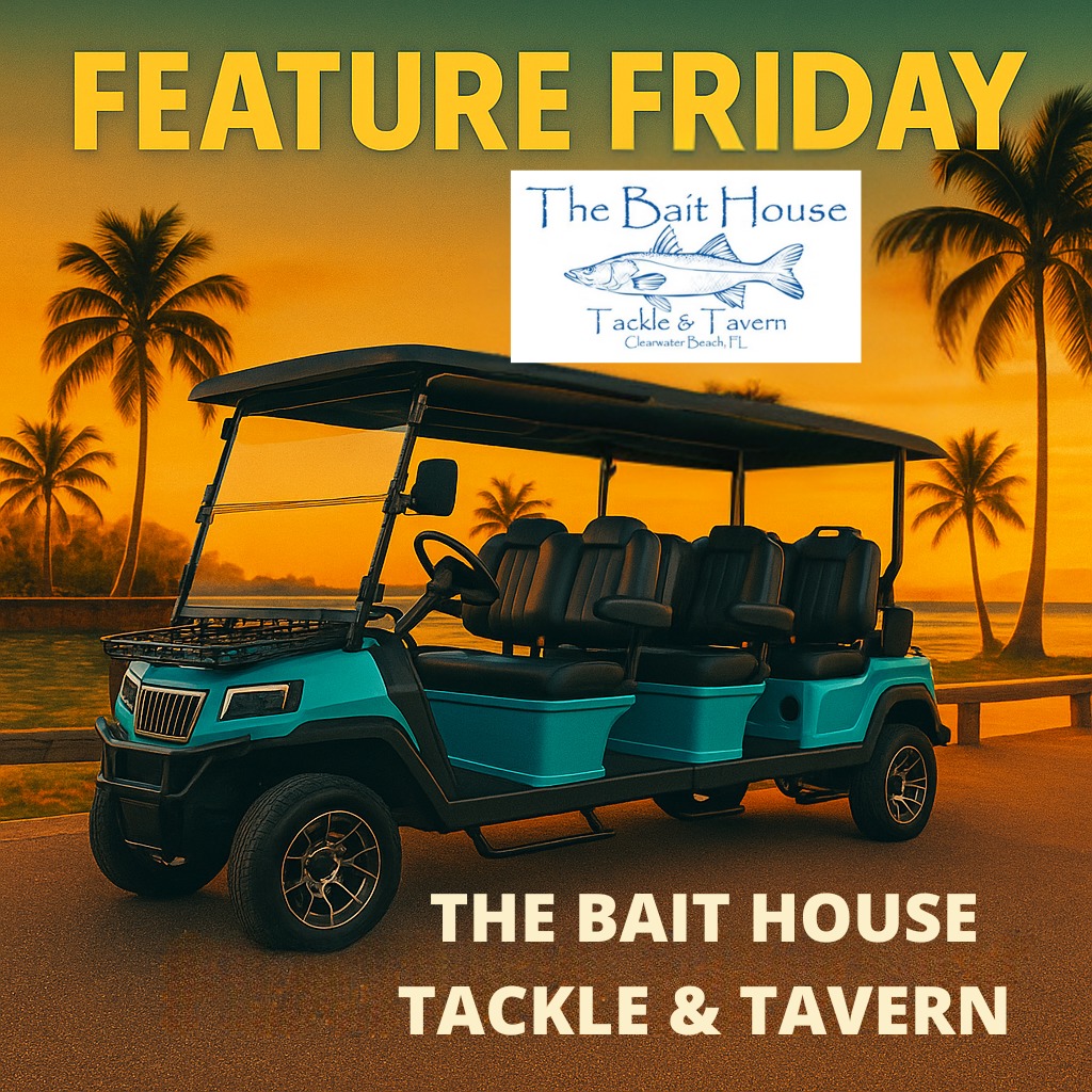 Feature Friday Spotlight: The Bait House Tackle and Tavern 🐟🍤
📍 Location: 45 Causeway Blvd, Clearwater Beach
⏰ Open Daily 11:30 AM–9 PM
☎ (727) 446-8134
“On #FeatureFriday we’re dropping anchor @the_bait_house —‘The Port of Happiness’ since 1940! 🌴⚓️
Fuel up on their world-famous Drunken Shrimp and a locally-crafted brew, then hop in our 6-seater to cruise the coast in style.
#TheGetawayCarts #FeatureFriday #TheBaitHouse #ClearwaterBeach #GolfCartLife #BeachEats #CruiseTheCoast #shorelinesheldon