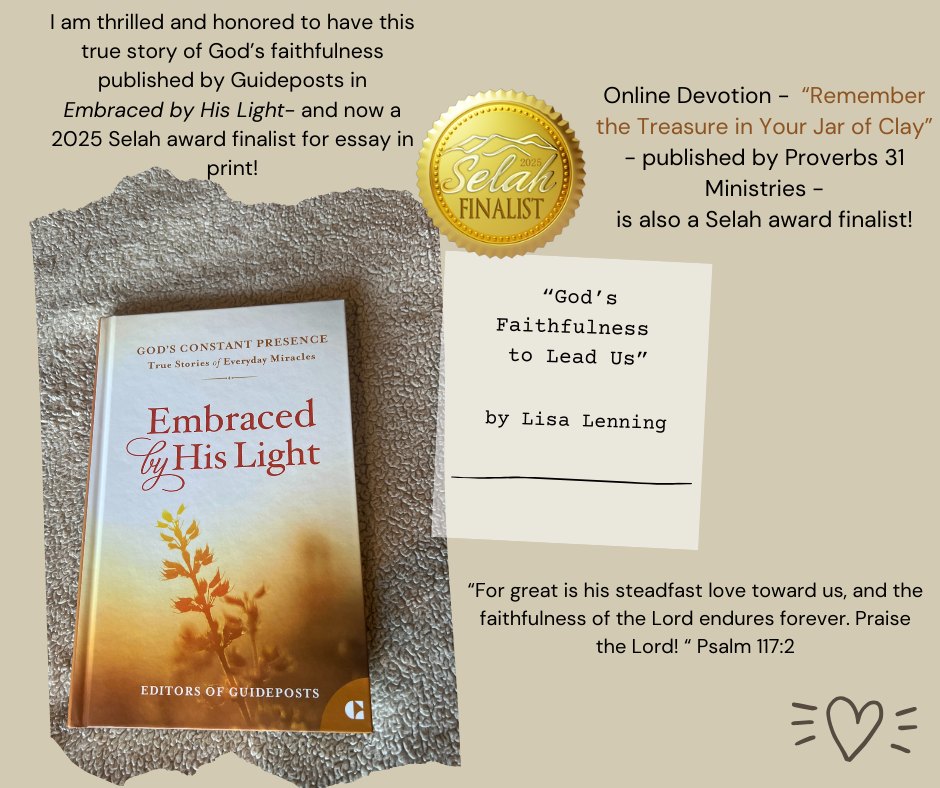 Sharing an exciting update on my writing journey!
I am honored to have an essay(in print) and online devotion selected as Selah Award finalists!
Winners of the Selah Awards will be announced at the Blue Ridge Mountains Christian Writers Conference at the end of May.
No matter what, may my words point others to God and bring Him Glory.
God is Faithful!
#selahawards
#BRMCWC