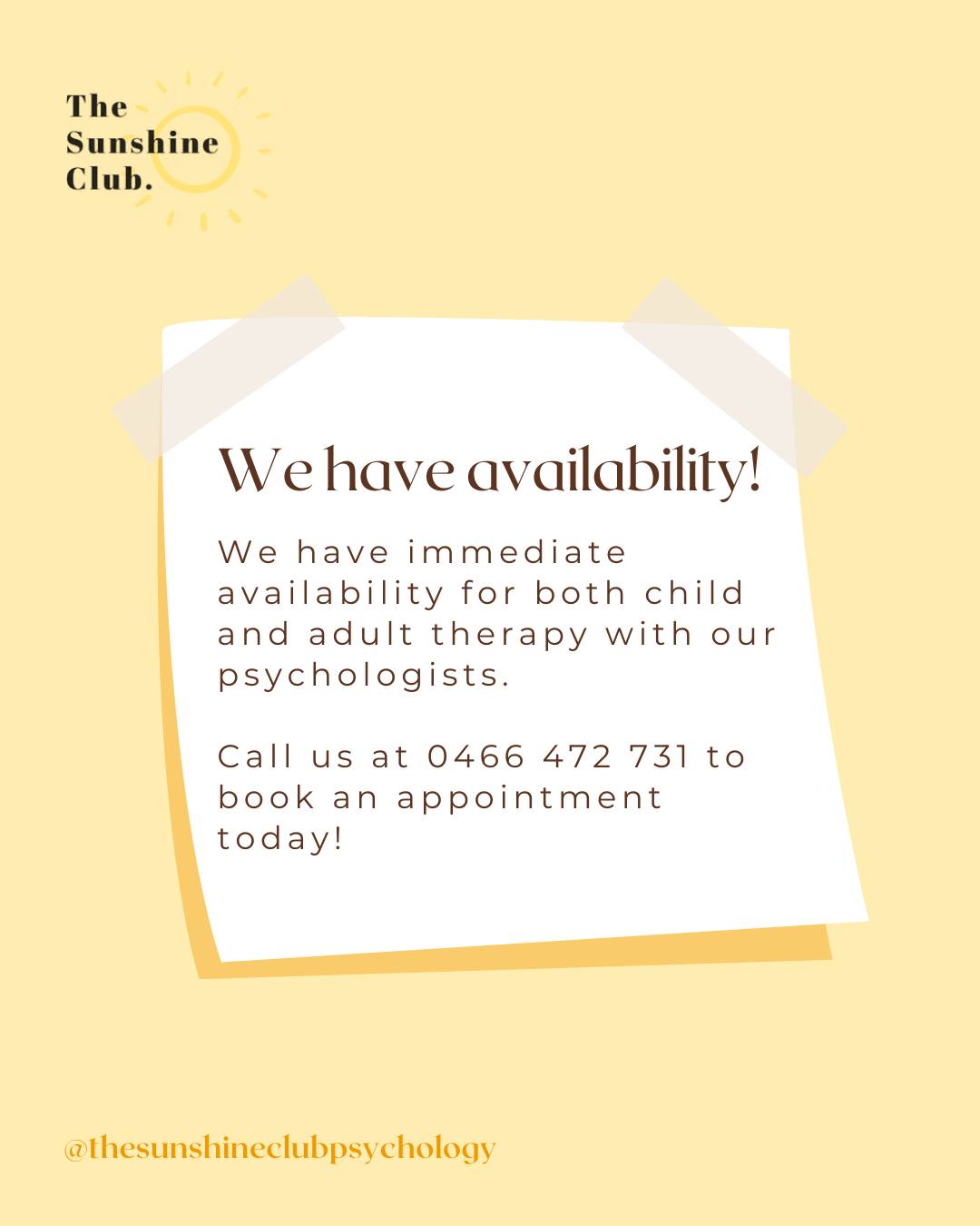 We have availability at our Engadine and Cronulla clinics, especially for NDIS, Workers compensation, Medicare clients and private clients.
Call us at 0466 473 731 or email us at admin@thesunshineclubpsychology.com to book an appointment today! 💛