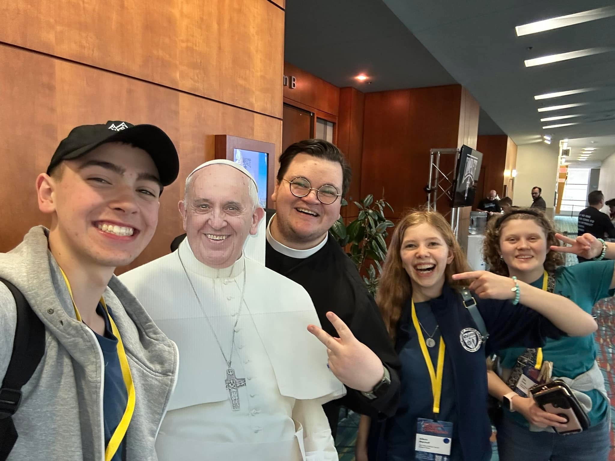 Every time we come across the Pope, I ask that Aidan takes a photo with “him”. This photo was taken last weekend at DYC (Diocesan Youth Conference). Thank you, Seminarian William Yearout, for joining the fun!
Unfortunately, I missed out on being a diocesan volunteer because I was home recovering from the flu, bronchitis, upper respiratory infection, and ear infection. 😅
With that being said, Aidan enjoyed himself! He looks forward to this event each year. This was his second time attending.
Please pray for our seminarians, those discerning the priesthood, and for an increase in holy vocations.