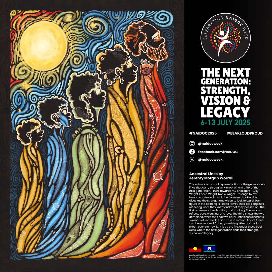 This NAIDOC Week marks 50 years of honouring and elevating Indigenous voices, culture, and resilience. ๐ค๐โค๏ธ
The 2025 theme: "The Next Generation: Strength, Vision & Legacy," celebrates First Nations achievements of the past and the bright future ahead, empowered by the strength of young Indigenous leaders and communities.
As we celebrate this milestone, we look toward to the next 50 years supporting the NAIDOC movement which is grounded in community-led vision and integrity.
Participate in NAIDOC Week celebrations by:
๐ค Attending a NAIDOC Week event near you (check out @naidocweek's calendar)
๐ Reading up on the history of NAIDOC Week by visiting www.naidoc.org.au
โค๏ธ Supporting Indigenous-owned businesses (e.g. @clothingthegaps )
๐ Findingout whose Country you are on, if you donโt already know, by checking out the @aiatsis Map of Indigenous Australia
๐ Following First Nations social media accounts and share their content
๐ค Listening to music or podcasts by First Nations artists
#NAIDOCWeek2025