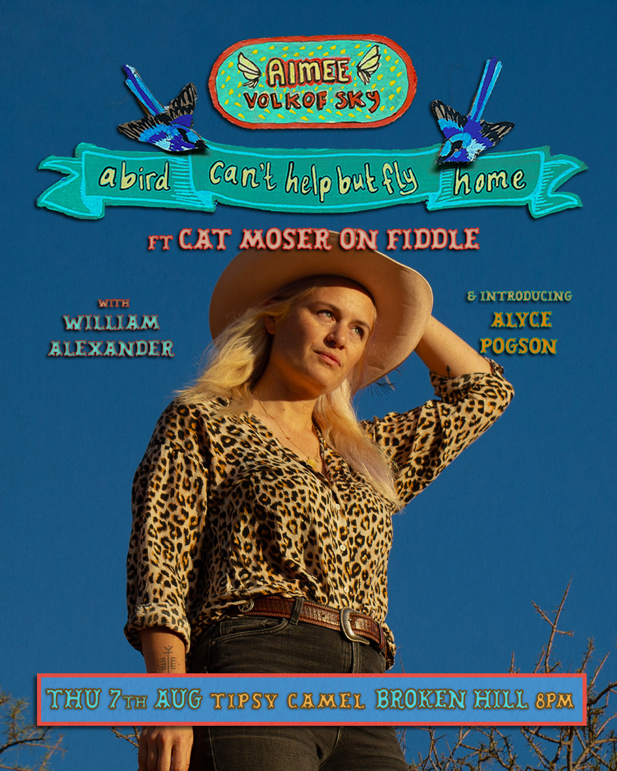 Join us for an intimate night of original music and storytelling as Broken Hill songwrite@theaimeev launches her new EP A Bird Can’t Help But Fly Home. Featuring expressive fiddle by the incredible @catmoser_therapeutic_arts (@cat_and_clint), a hometown show before hitting the road.
With special guests:
🐎 @williamalexandermusic – Golden Guitar nominee bringing heartfelt ballads shaped by his roots along the Darling (Baaka) and his work as a stockman. William brings an old sound alive with new experiences and true stories from life.
🌾 Alyce Pogson – Broken Hill’s own campfire canary, school teacher by day and storyteller by firelight. Alyce shares honest songs of friendship, remote living, and the magic in life’s small moments.
📍Thursday 7th August
📍The Tipsy Camel, Buck Street, Broken Hill
⏰ Doors 7:30PM
🎟️ Tickets $25
Limited Tickets! Get em while you can!