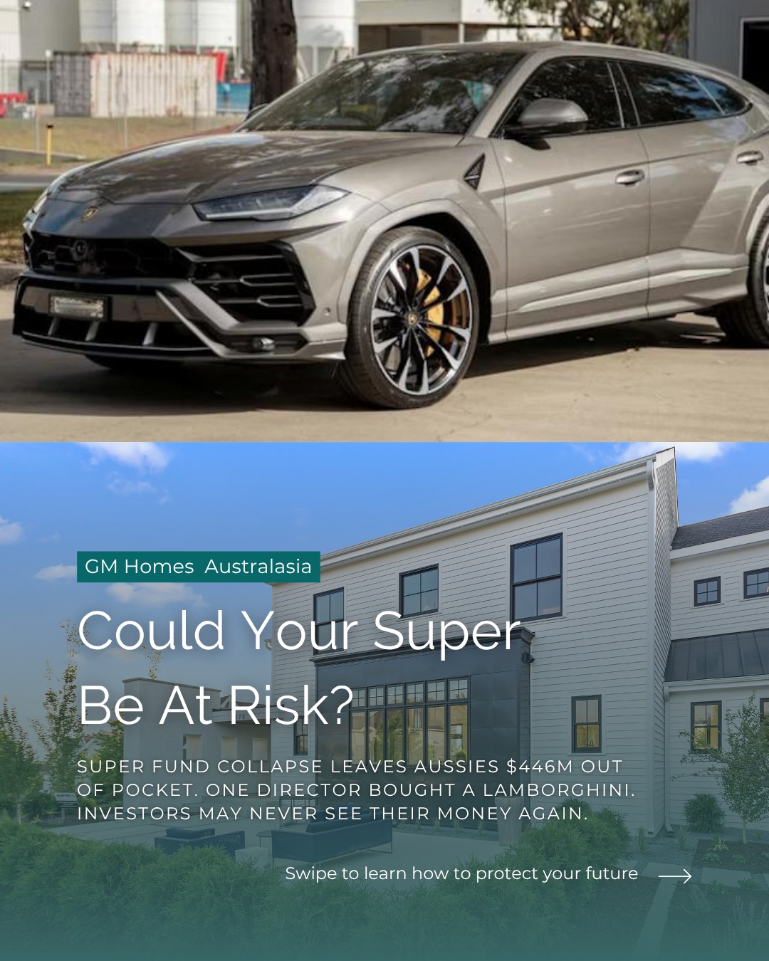📉 Super Fund Collapse Leaves Aussies $446M Out of Pocket. Could It Happen to You? One director bought a $548K Lamborghini. Investors may never see their money again. The First Guardian super fund collapse is a wake-up call, and a reminder that not all super funds are created equal.
✅ Want transparency?
✅ Want control over your investments?
✅ Want to build real wealth for retirement? A Self-Managed Super Fund (SMSF) might be your smartest move (if you know what you’re doing).
💬 “Our SMSF is the best decision we’ve made. Glen explained everything clearly, and the team makes our lives easy.” - Cara Scherger
👉 Learn how SMSFs can protect your future and outperform traditional funds with the right guidance. Read the full blog here:
https://www.gm-homes.com.au/post/why-self-managed-super-funds
📞 Call 1800 097 522 | 📧 info@gm-homes.com.au
#SMSF #WealthCreation #RetirementPlanning #GMHomesAustralasia #FinancialFreedom #SuperFund #InvestmentStrategy #PropertyInvestment #FinancialSecurity