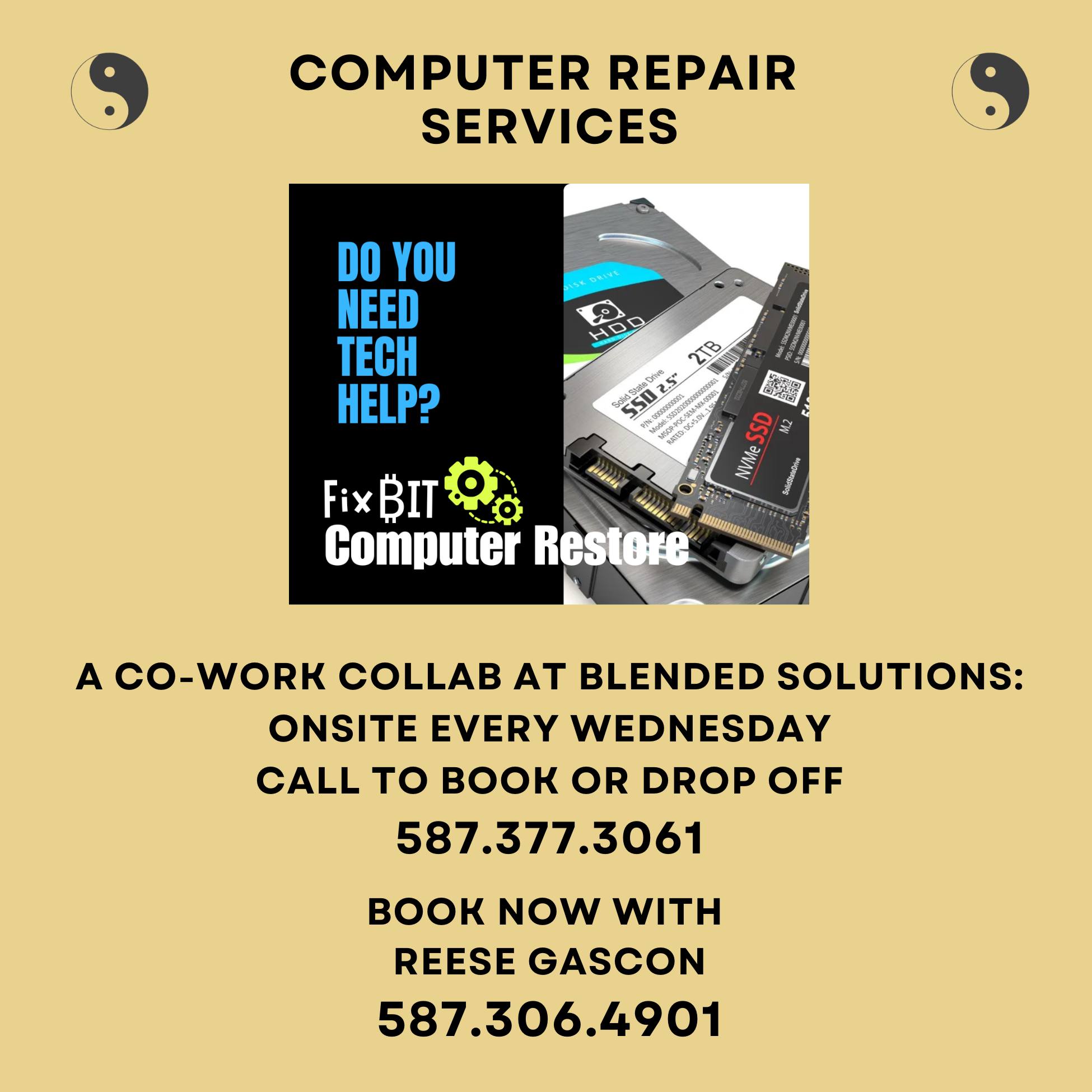 A Blended Solutions Co-work Collaboration:
🚨 Tech Trouble? Reese is Onsite Today! 🛠️💻
Need a quick fix or have questions about your computer? Reese from FixBit Computer Restore is in-house at Blended Solutions all day today!
✅ Diagnostics
✅ Hardware Repair
✅ Tune-ups & Speed Boosts
✅ Data Recovery
✅ Friendly, reliable service
📍Come by Blended Solutions at The Alley and get the tech support you need—fast. No appointment? No problem. Walk-ins welcome!
#MeetUsAtTheAlley #FixBitOnsite #BlendedSolutions #SundreSmallBusiness #ComputerHelp #TechSupport #blendedsolutionssundre #bookstoresundre #coworkcollab #coworksundre #blendedsolutionsbookkeeping #anetadangwellness #restingbeefface #mindfulintentionstherapy #localauthorssundre