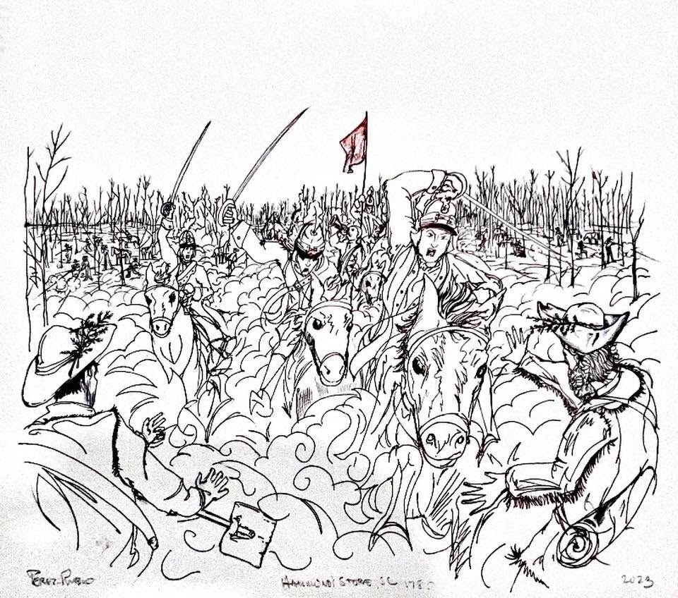 Just 3 miles south of Clinton, SC, Lt. Col. William Washington—George Washington’s cousin and the Revolution’s top cavalry commander—led a surprise charge against 250 Loyalists at Hammond’s Old Store. Backed by 200 local riflemen, his 80-man regiment left 0 Patriot casualties and helped set the stage for the Battle of Cowpens just 18 days later.
Artwork by Jorge Perez-Rubio.