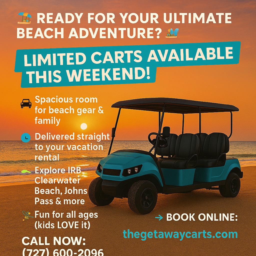 🏖️ Ready for Your Ultimate Beach Adventure? 🏖️
🚨 LIMITED CARTS AVAILABLE THIS WEEKEND! 🚨
🗓 First available is Saturday Morning. 🗓
Cruise Indian Rocks Beach and beyond in style with our 6-passenger street-legal golf cart—no more parking hassles or cramped rental cars! 🌴✨
Why You’ll Love It:
• 🛺 Spacious room for beach gear & family
• 🕒 Delivered straight to your vacation rental
• 🌅 Explore IRB, Clearwater Beach, Johns Pass & more
• 🎉 Fun for all ages (kids LOVE it!)
📲 CALL NOW to Reserve: (727) 600-2096
OR
👉 Book online at www.thegetawaycarts.com (link in bio)
🔖 Tag a friend who needs this getaway!
❤️ Share this post for good beach karma!
#IndianRocksBeach #FloridaVacation #BeachLife #GolfCartRental #FamilyFun #SuncoastFlorida #GetawayCarts #shorelinesheldon #TheGetawayCarts