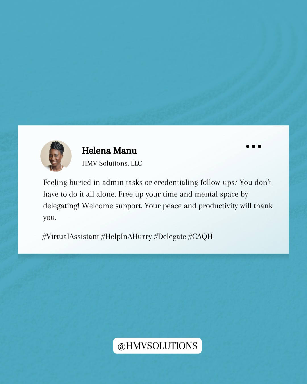 You don’t have to do it all and definitely not alone. Every minute spent chasing documents is time taken from client care and growth.
HMV Solutions helps wellness providers and professionals stay organized with systems that handle the back end, from credentialing to admin support. 🤓
We bring clarity and structure so you can focus on what matters.
Let’s lighten your load. Book a discovery call today! 🥳
#HMVSolutions #CredentialingSupport #AdminHelp #WellnessVA #HealthcareSupport #EfficientWorkflows #PracticeSupport #BackOfficeRelief #HMVAdminTeam #GrowWithHMV #StreamlineWithHMV #CredentialingMadeEasy #PracticeGrowth #SupportForProviders #FromOverwhelmedToOrganized #FromChaostoOrder #HMVSolutions #TheOrganizedAndEfficientMamaPodcast #HMVSolutionsVAagency #HelenaManuVirtualSolutionsLLC