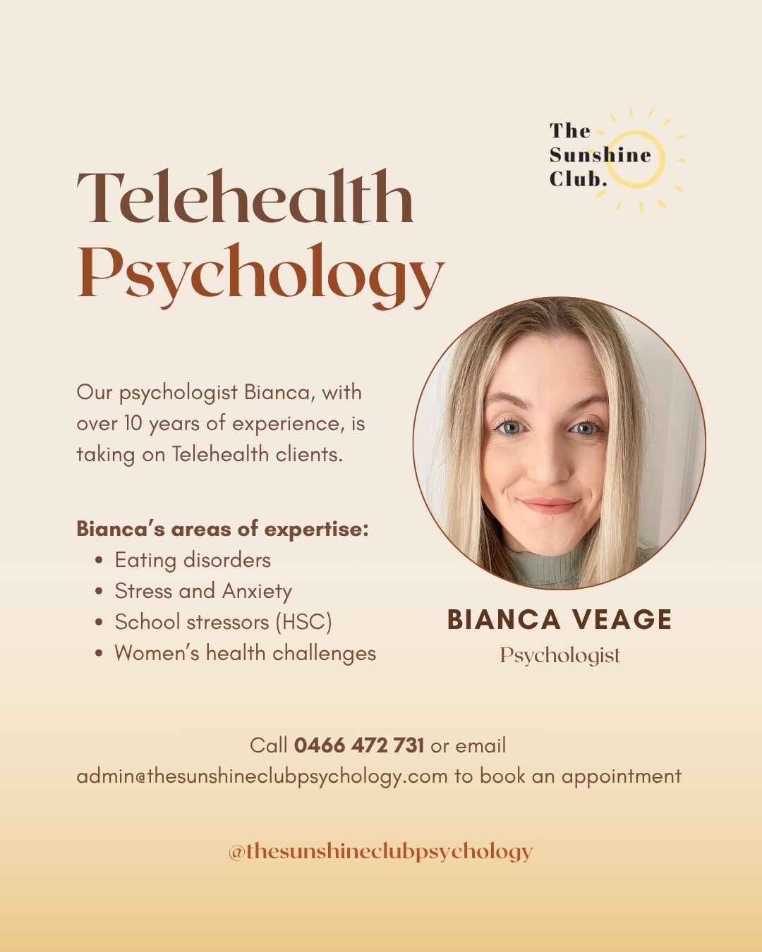 Telehealth Psychology with Bianca! You can now access professional psychological support in the comfort of your own space. 🏠☀
Bianca sees a range of clients but she excels in working with those struggling with eating disorders, stress and anxiety, school stress, and women's health challenges (such as endometriosis).
Contact us to book today:
📱0466 472 731
📩 admin@thesunshineclubpsychology.com