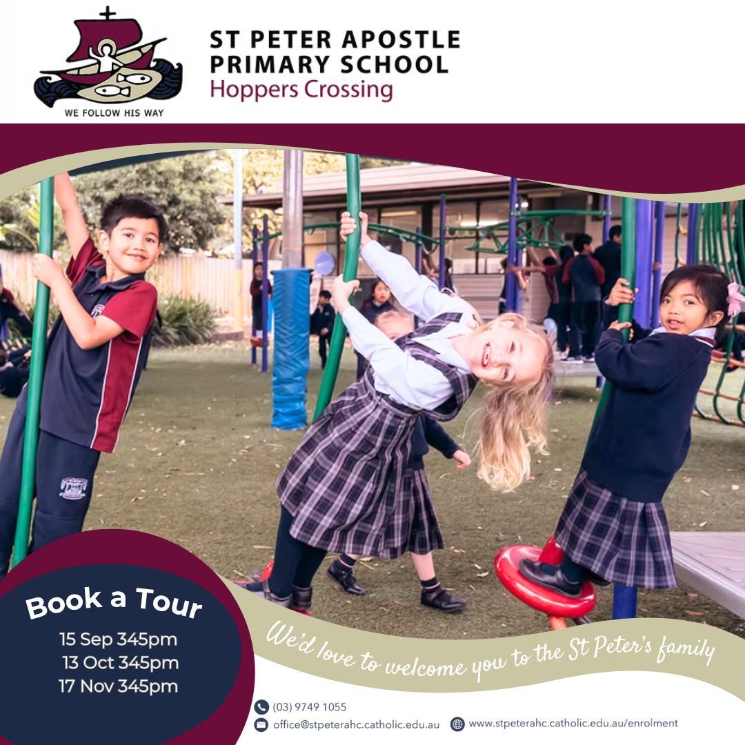 ❤️ St Peter the Apostle is a modern, accessible and affordable school for families in our local community. With excellent facilities, new playspaces and before/after school care, we provide the practical support families need, alongside a high-quality education.
You’re warmly invited to visit us at our upcoming school tour:
🚌 Monday 15 September at 3:45pm.
Please book your tour via our school website.
#StPetersApostleHoppersCrossing #HoppersCrossing #StPetersPrimarySchool #EnrolNow #StPeters #PrimarySchool #CatholicsEducation # LearnRelateLive