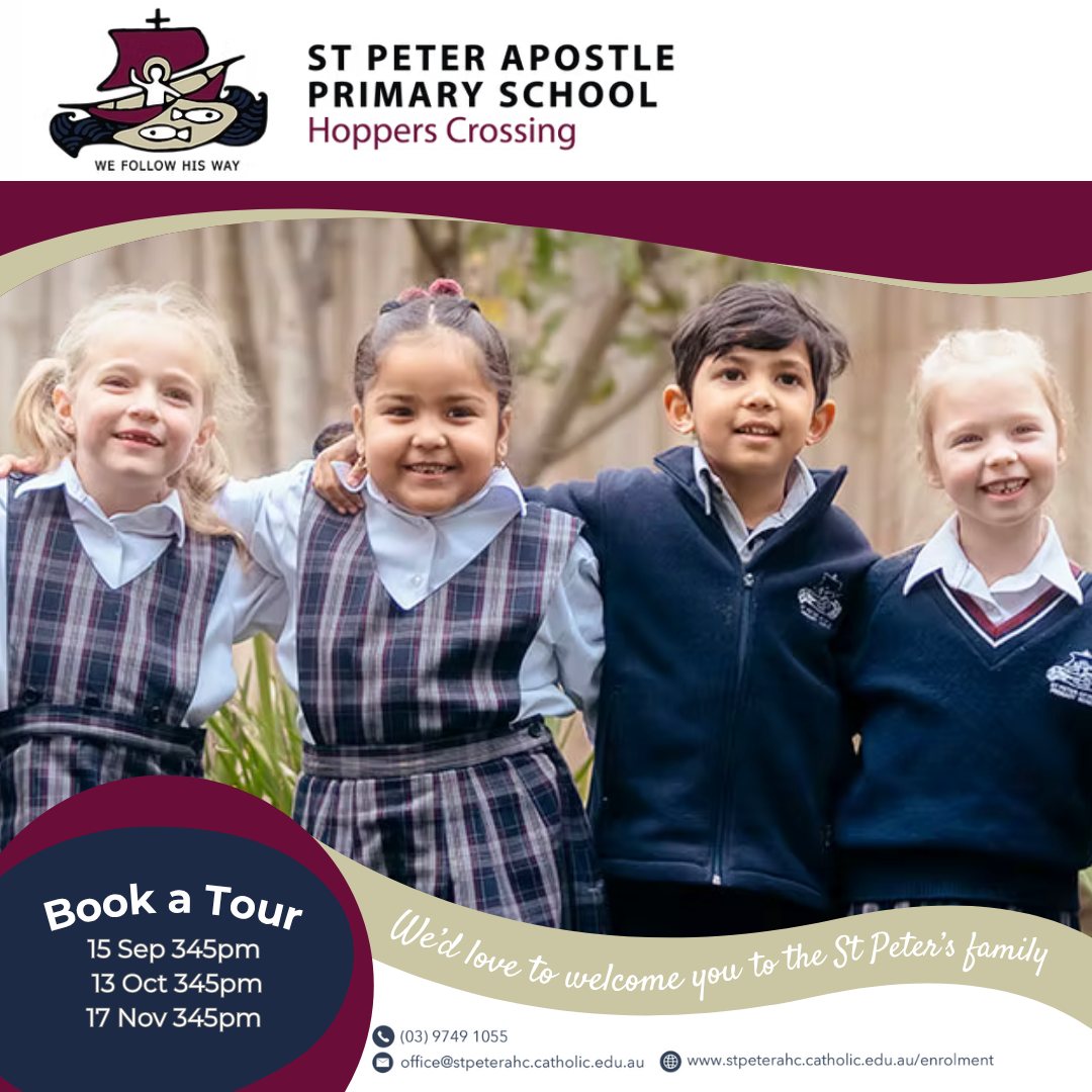 ❤️ Our school motto - Learn, Relate and Live in the light of Catholic Faith - reflects the balance we aim to strike - academic growth, wellbeing and values that guide us. It’s a holistic approach to education that supports the whole child.
If that sounds like the right fit for your family, we invite you to come and see the school in person.
Our upcoming school tour is on Monday 15 September - 3:45pm.
Please book your tour via our school website.
#StPetersApostleHoppersCrossing #HoppersCrossing #StPetersPrimarySchool #EnrolNow #StPeters #PrimarySchool #CatholicsEducation # LearnRelateLive
