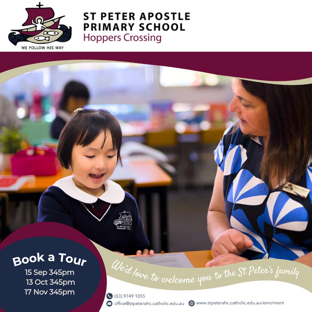 ❤️At St Peter the Apostle, we focus on the needs of each individual student. Whether through tailored teaching approaches, wellbeing programs or learning support, we make sure every child feels seen, supported and able to succeed.
You’re warmly invited to visit us at one of our upcoming school tours:
Next Tour - 🚌 Monday 15 September at 3:45pm.
Please book your tour via our school website.
#StPetersApostleHoppersCrossing #HoppersCrossing #StPetersPrimarySchool #EnrolNow #StPeters #PrimarySchool #CatholicsEducation # LearnRelateLive