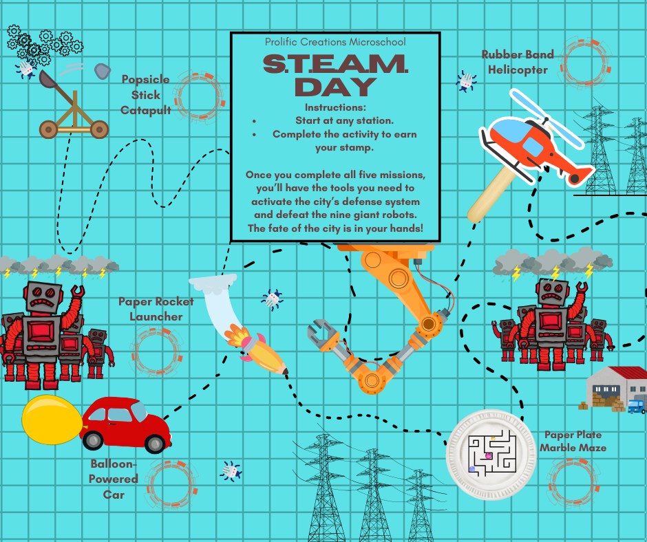 🚀 A Day of STEAM Adventures Awaits! 🚀
Join us for an action-packed day of hands-on challenges that will spark creativity, teamwork, and problem-solving!
🎯 Complete 5 epic build-and-create missions
🏆 Earn a special prize at the end if you complete them all
🎁 Take home every project you make!
📅 Date: Friday, September 5th
⏰ Time: 11 AM – 1 PM
📍 Location: 5671 N Oracle Rd #2105 Tucson, AZ
💲 Cost: $5 per student (includes all materials, projects, and prize)
🎓 FREE for our Microschool students and their siblings
✨ Open to all kids — you don’t have to be enrolled in our Microschool to join!
Fun for kids & families of all ages!
Purchase Ticket Here: https://www.prolificcreations.org/eve.../steam-day-adventure