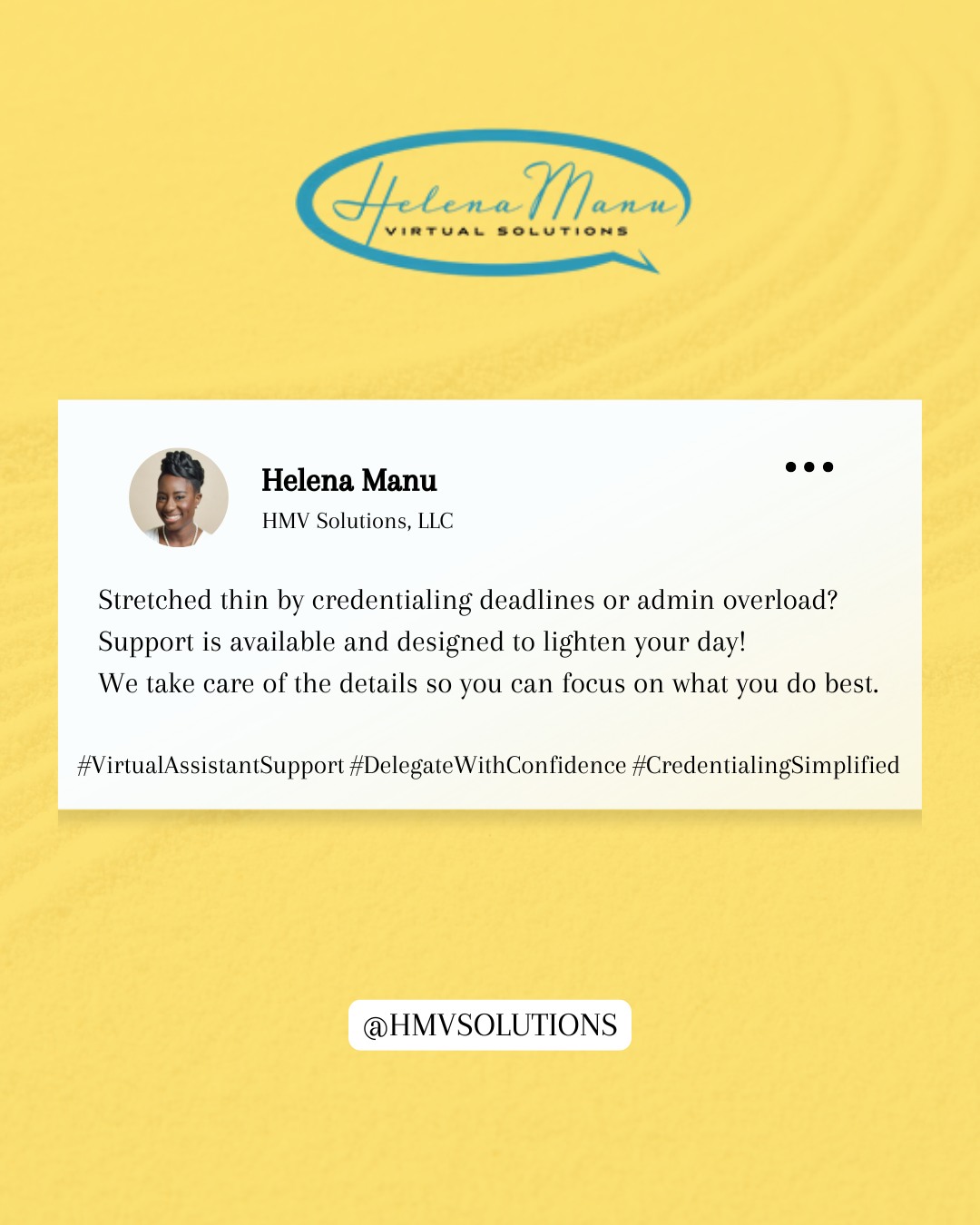 Provider credentialing and administrative work doesn’t have to be draining, Friends.
Let's reclaim your time today!
Let us handle the paperwork, follow ups, and systems so you can focus on what matters most, your clients and your care.
Simple support. Real results. 🫡
📞Book your support today and lighten your workload. I can't wait to speak with you!
#Credentialing #CredentialingServices #HealthcareCredentialing
#ProviderCredentialing #MedicalCredentialing #GetCredentialed
#CredentialingSimplified #VAForHealthcare #VirtualAssistant
#VirtualSupport #DelegateWithConfidence #RemoteSupport
#HealthcareSupport #PracticeGrowth #Blackvirtualassistant #Virtualassisting
#Virtualassistantcommunity #FromChaosToOrder #HMVSolutionsVAagency #TheOrganizedAndEfficientMamaPodcast #HMVSolutions #HelenaManuVirtualSolutionsLLC