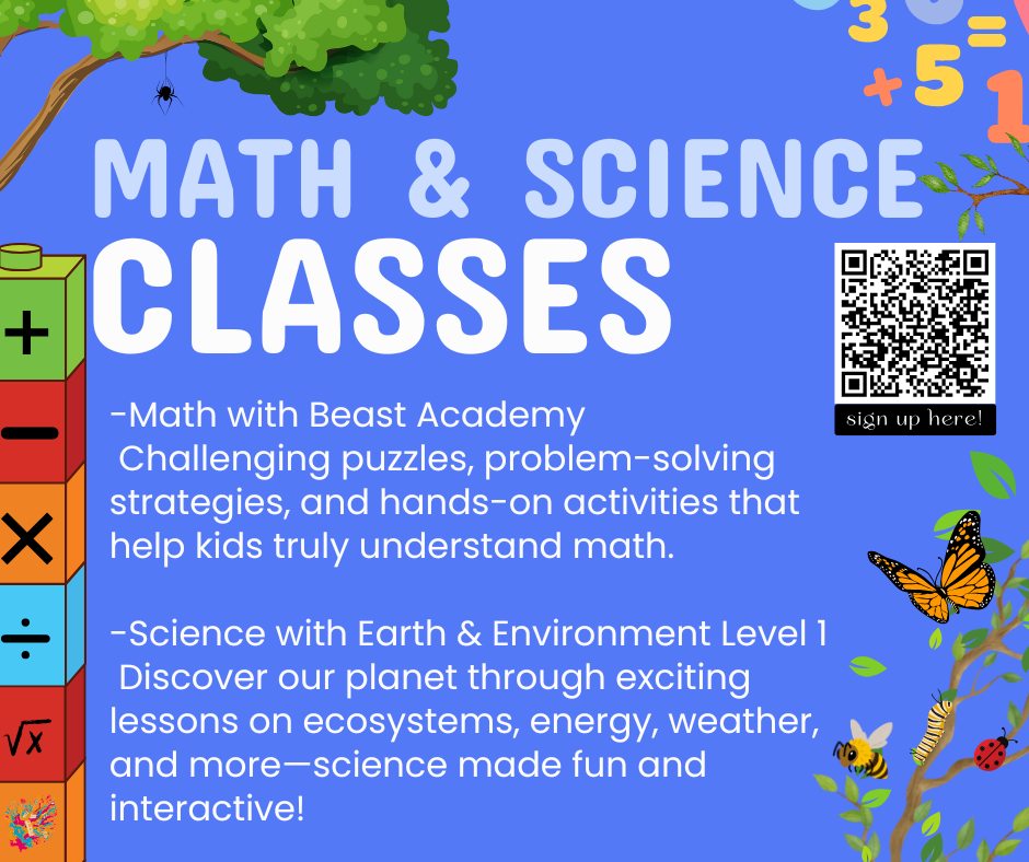 Math & Science Block Lessons Are Here! 
Looking for an engaging way to build your child’s math and science skills? 
Join us for our weekly block lessons at Prolific Creation Studios!
🧮 Math with Beast Academy
Challenging puzzles, problem-solving strategies, and hands-on activities that help kids truly understand math.
🌎 Science with Earth & Environment Level 1
Discover our planet through exciting lessons on ecosystems, energy, weather, and more—science made fun and interactive!
🎨 Project-Based Learning
Every class is hands-on and project-based—students take home the projects they create, making learning meaningful and lasting.
📅 Schedule
Mondays | Ages 6–8 | 10:00–11:15 AM
Tuesdays | Ages 9–12 | 10:00–11:15 AM
💲 Only $45 per block/day – high-quality instruction that makes a real difference!
📍 Location: Prolific Creation Studios – 5671 N Oracle Rd #2105, Tucson, AZ
⚡️ Spots are limited, Sign Up Here: https://www.prolificcreations.org/product-page/1-day-week-prolific-creations-microschool