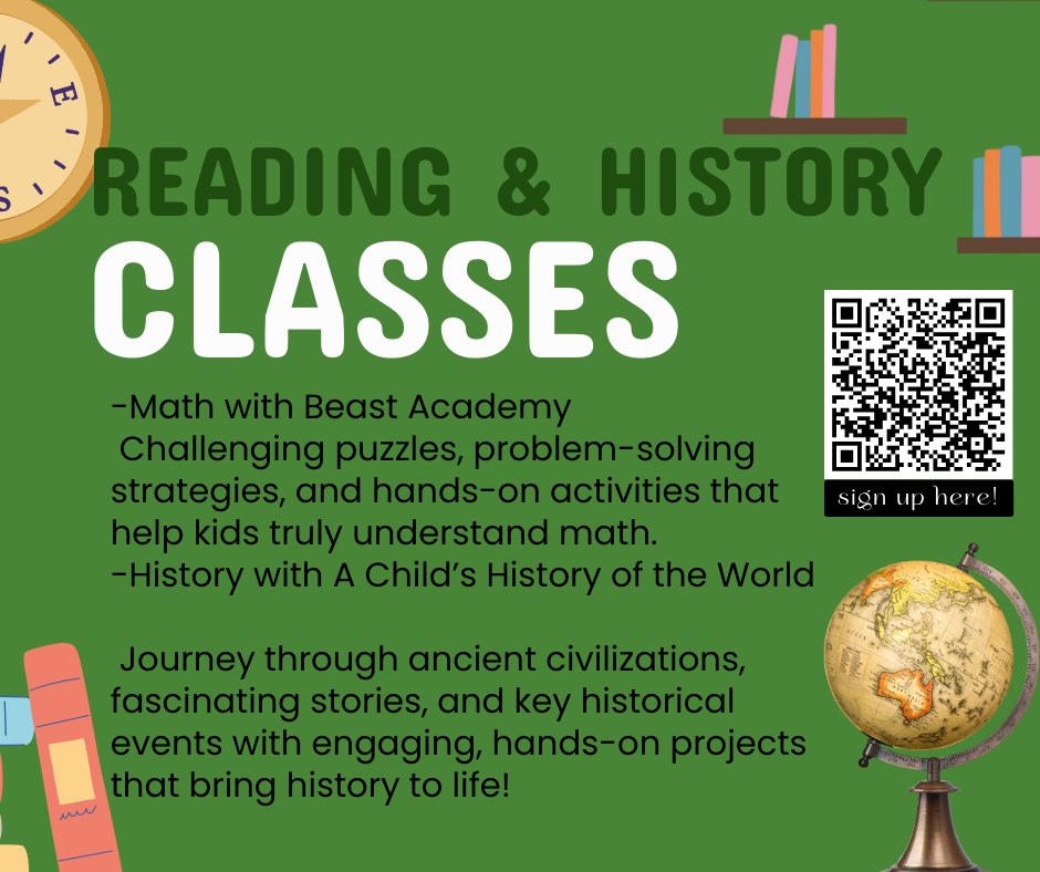 Reading & History Block Lessons Are Here! 
Looking for an engaging way to develop your child’s reading and history skills? Join us for our weekly block lessons at Prolific Creation Studios!
📖 Reading Adventures
Develop reading fluency, comprehension, and a love of stories through engaging literature and interactive discussions.
🏺 History with A Child’s History of the World
Journey through ancient civilizations, fascinating stories, and key historical events with hands-on projects that bring history to life!
🎨 Project-Based Learning
Every class is hands-on and project-based—students take home the projects they create, making learning meaningful and lasting.
📅 Schedule
Mondays | Ages 6–8 | 8:15–9:30 AM
Tuesdays | Ages 9–12 | 8:15–9:30 AM
💲 Only $45 per block/day – high-quality instruction that sparks curiosity and makes learning unforgettable.
📍 Location: Prolific Creation Studios – 5671 N Oracle Rd #2105, Tucson, AZ
Join our classes here: https://www.prolificcreations.org/product-page/1-day-week-prolific-creations-microschool