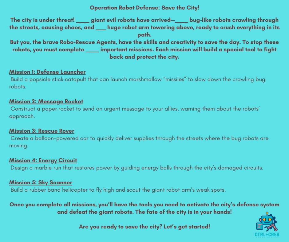 🔥⚡ The city is in danger… and only young innovators can save it! ⚡🔥
Evil robots are closing in, and the clock is ticking. We’re recruiting Mech Defenders (all ages) to invent, build, and launch the tools needed to stop them before it’s too late!
The only way to save the day?
Complete a series of secret STEAM missions to build the ultimate defense tools! From launching defense systems to restoring power circuits, students will put their creativity and engineering skills to the test. 🔧⚡️🚀
📍 Location: Prolific Creation Studios – 5671 N Oracle Rd #2105, Tucson, AZ
🕒 Time: Friday, September 5th | 11:00 AM – 1:00 PM
💲 Cost: $5 per student
Will they succeed in protecting the city? 🏙️ The countdown is on…
👉 Secure your spot today: https://www.prolificcreations.org/event-details/steam-day-adventure