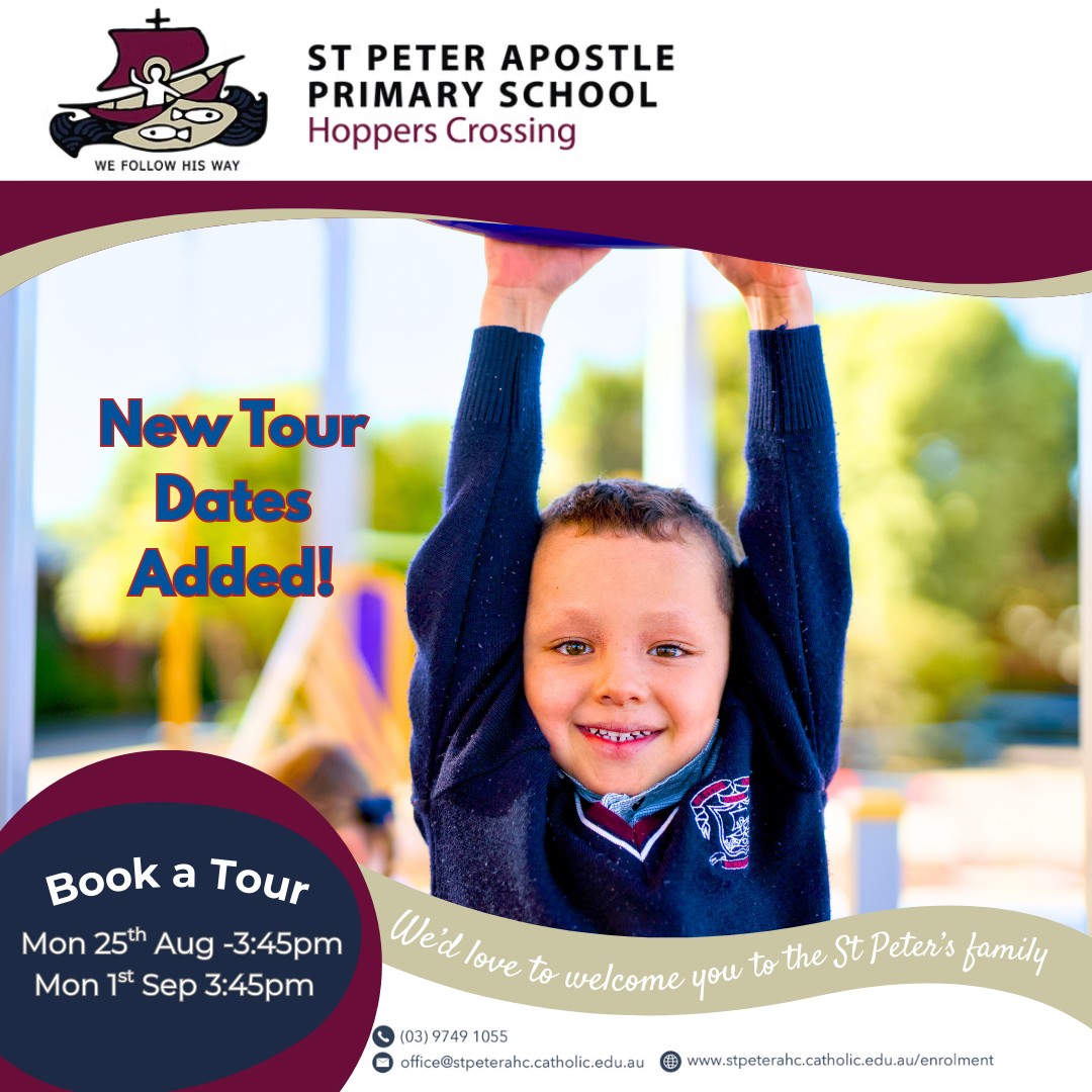 ⚡St Peter Apostle Primary School warmly invites you to visit us at one of our upcoming school tours over the next two Mondays!
🚌 Monday 25th August / Monday 1st September - at 3:45pm.
Please book your tour via our school website.
#StPetersApostleHoppersCrossing #HoppersCrossing #StPetersPrimarySchool #EnrolNow #StPeters #PrimarySchool #CatholicsEducation # LearnRelateLive