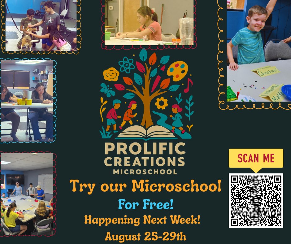 Try Our Microschool for FREE! 
Prolific Creation Studios is excited to welcome families to our Microschool Trial Week happening August 25th–29th in Tucson! 🎉
Sign Up Here: https://forms.gle/HpXsuBv8gLNneVJL8
-Project-based, hands-on learning
-STEAM-focused education (Science, Technology, Engineering, Arts, Math)
-Designed for homeschool families & curious young learners
-Try 1 or 2 days FREE — no commitment!
Give your child the chance to explore creative, engaging learning in a supportive community. Spots are limited — don’t miss this opportunity!
📅 Dates: August 25th–29th
📍 Location: Prolific Creation Studios
5671 N Oracle Rd #2105, Tucson, AZ 85704