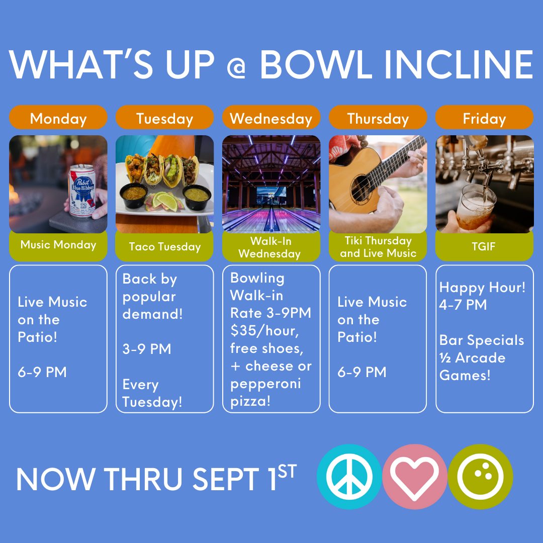 ✨ LOCALS’ SUMMER FUN IS ON! ✨
Lake Tahoe… are you ready to make this summer unforgettable? ☀️ Now through September 1st, Bowl Incline is the place to be for live music, tacos, bowling specials, tropical vibes, arcade deals, and ALL the summer fun! 🎉
🎶 Music Mondays → Patio vibes + live music | 6–9 PM
🌮 Taco Tuesdays → Back by popular demand! | 3–9 PM
🎳 Walk-In Wednesdays → $35/hr bowling + FREE pizza + shoes | 3–9 PM
🌺 Tiki Thursdays → Island drinks + live patio jams | 6–9 PM
🍻 TGIF Happy Hour → Bar specials + ½-price arcade games | 4–7 PM
💡 Pro Tip: Don’t wait — summer ends Sept 1st! But… 😉
✨ BIG NEWS is coming for fall fun. Stay tuned!