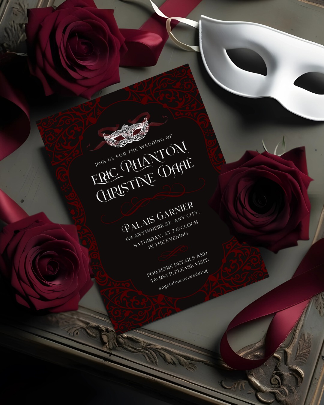 Phantom Masquerade Invitation 🥀🤍🖤
Step into a world of mystery, music, and romance with this Masquerade Wedding Invitation Template, perfect for lovers of Phantom of the Opera, Venetian masquerade balls, and elegant black-tie soirées. Designed with rich black and red accents, ornate masks, and gothic elegance, this invitation sets the stage for an unforgettable celebration filled with drama and enchantment.
------ PERFECT FOR ------
• Phantom of the Opera–themed weddings
• Masquerade balls & gala parties
• Gothic & Victorian-inspired events
•Black-tie milestone birthdays & anniversaries
• Halloween masquerade weddings or parties
#Halloween #phantomoftheopera #darkromance #gothicparty
