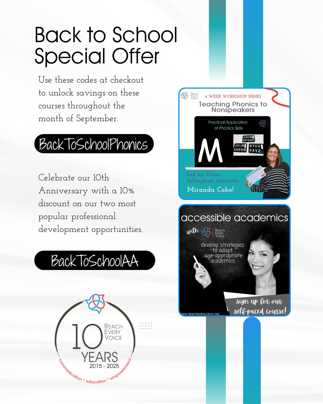 Back to school feels like a fresh start—for students and educators.
At Reach Every Voice, we’re celebrating our 10th anniversary by sharing two of our most loved professional learning opportunities. Both were created by teachers who know the work of adapting and making learning accessible, because they’ve been in the classroom doing it every day.
If you’re heading into this school year wanting more tools, strategies, and support for your nonspeaking or partially speaking students, these workshops might be just the thing.
Enjoy a 10% discount on these courses throughout September with the codes listed here:
Phonics for Nonspeakers: BackToSchoolPhonics
Accessible Academics: BackToSchoolAA
Want to be connected with all our Professional Development offerings?
Drop "Professional Development" in the comments, and we'll send you a link to our PD offerings for individuals and groups.
#ReachEveryVoice #AccessibleAcademics #InclusiveEducation #BackToSchool #PresumeCompetence #EveryoneBelongs #PhonicsForNonspeakers #LiteracyForAll #AAC #SpecialEducation #TeacherLife #UDL #CommunicationAccess #NeurodiversityAffirming #SpellersAndTypers #AdaptedAcademics