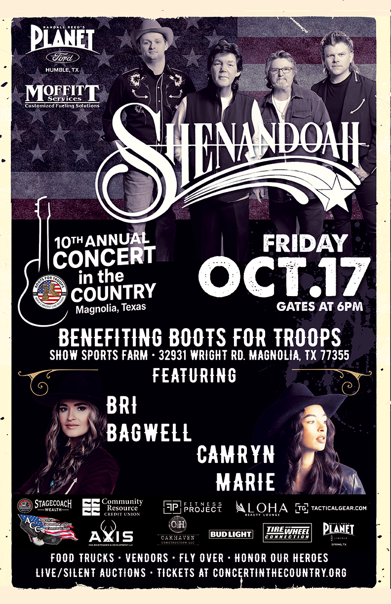 Grammy Award Winner Shenandoah is headlining Concert in the Country on Oct. 17th! 🔥 Live music, food trucks, auctions & honoring our heroes 🇺🇸 Grab your boots and friends, it’s a night you’ll never forget! 🎟️ 👉https://concertinthecountry.org/ #ConcertInTheCountry #Shenandoah #TomballTX #TexasCountryMusic #BootsForTroops #SupportOurTroops