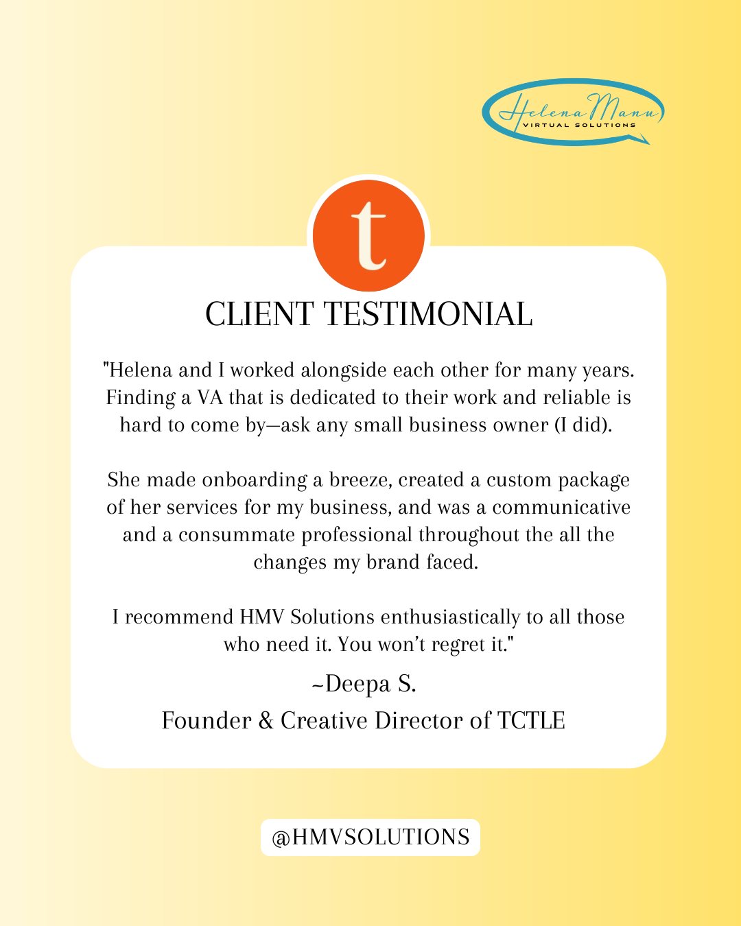 ✨ Happy Tuesday!
I’m excited to share this glowing testimonial from my previous client, showcasing the impact of our work together at HMV Solutions. From streamlining tasks to creating more space for her to focus on what truly matters, it’s been such a joy to support her business every step of the way!💫
Here’s what Deepa has to say about partnering with me as her virtual assistant! Proof that having the right support can make all the difference. 🙌🏾
Ready to reclaim your time and elevate your productivity? Click the link in my bio to book a discovery call today. Let’s talk about how I can help lighten your load and move your business forward!
#virtualassistant #virtualassistantservices #virtualassistantagency #femalebusinessowner #smallbusinesssupport #virtualadmin #virtualadministrativeassistant #virtualsupport #virtualassistantjobs
#mombosses #business #entrepreneur #momsinbusiness #mompreneur
#blackvirtualassistant #virtualassisting #virtualassistantcommunity #VAagency #TheOrganizedAndEfficientMamaPodcast #HMVSolutions #HMVSolutionsVAagency #HelenaManuVirtualSolutionsLLC