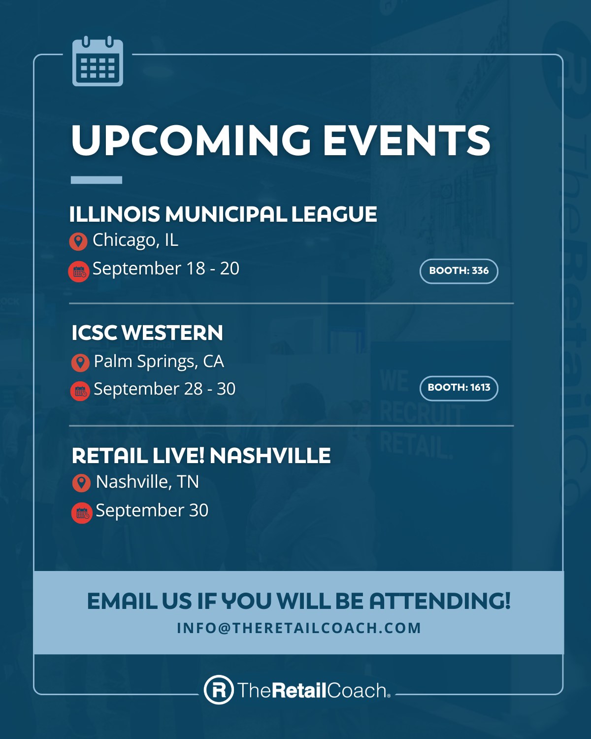 View where we’ll be in September, and let us know if we’ll see you there!
💻 theretailcoach.com/about-us#events
-
#TheRetailCoach #RetailRecruitment #25YearsofRetail #EconomicDevelopment #CommunityDevelopment #WeRecruitRetail #RetailGrowth #Retail360 #UpcomingEvents #UpcomingConferences #ICSCEvents #ICSC #RetailLive
