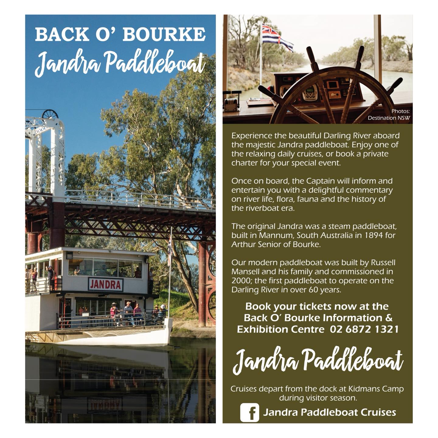 - JANDRA PADDLEBOAT DL FLYER -
After the information & exhibition centre the Jandra paddleboat on the Darling River is the next top tourist attraction in Bourke. This DL flyer I designed describes the delightful cruise you can have aboard the Jandra!
#lauragillarddesign #designer #bourke #backobourke #visitbourke #bourkensw #tourismflyer #flyerdesign #flyer #dlflyer #jandra #jandrapaddleboat #pvjandra #darlingrivercruises #darlingriver