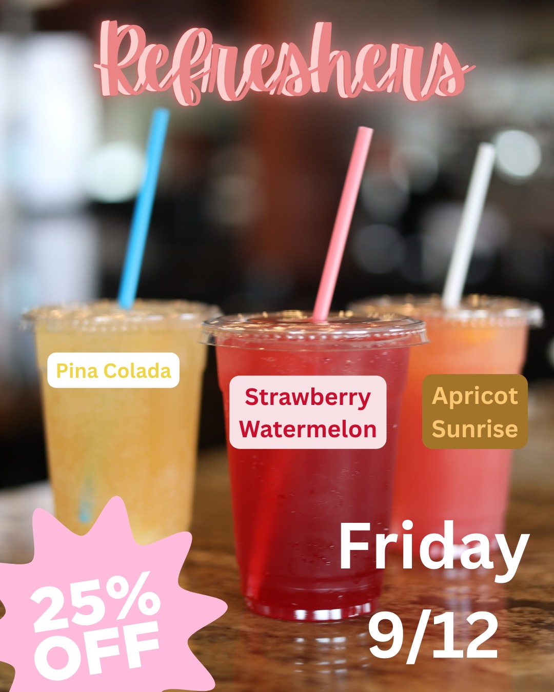 Cool down between classes with our Refreshers! This Friday 9/12 only, grab flavors like Pina Colada, Strawberry Watermelon, and Apricot Sunrise for 25% off. Treat yourself to a study break that tastes like summer.
.
.
.
.
.
.
.
.
#refreshers #iowastate #isu #cloudsames