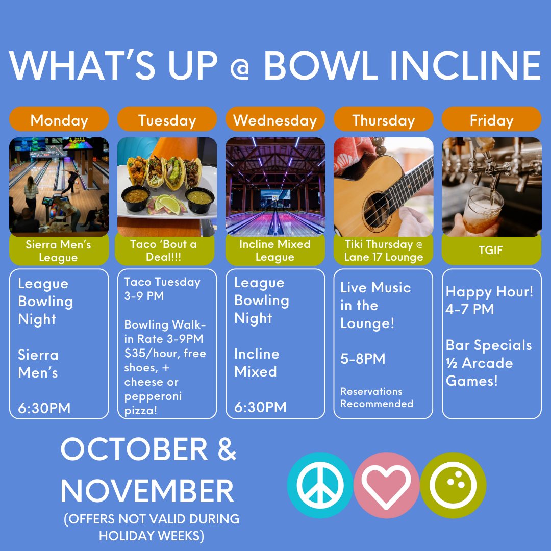 October & November are PACKED at Bowl Incline! 🙌
Cooler temps, cozy vibes, and the BEST weekly events in Incline Village. Here’s what’s happening ⬇️
🎳 Monday – League Night
Sierra Men’s League | 6:30 PM
🌮 Tuesday – Taco ’Bout a Deal!!!
Taco Tuesday & Walk-in Bowling Special!
3–9 PM | $35/hr bowling, FREE shoes + pizza 🍕
🎳 Wednesday – League Night
Incline Mixed League | 6:30 PM
🎶 Thursday – Tiki Thursdays @ Lane 17 Lounge
Live Music | 5–8 PM (Reservations recommended!)
🍻 Friday – TGIF Happy Hour
4–7 PM | Bar specials + ½-price arcade 🎮
👉 Offers valid all through October & November (except holiday weeks).
📍 Bowl Incline | Your Tahoe Fun HQ
🌐 bowlincline.com
#️⃣ #BowlIncline #TahoeLife #InclineVillage #LocalsLoveIt #LakeTahoeEvents #FallFun #BowlingAndBeers #TacoTuesdayTahoe