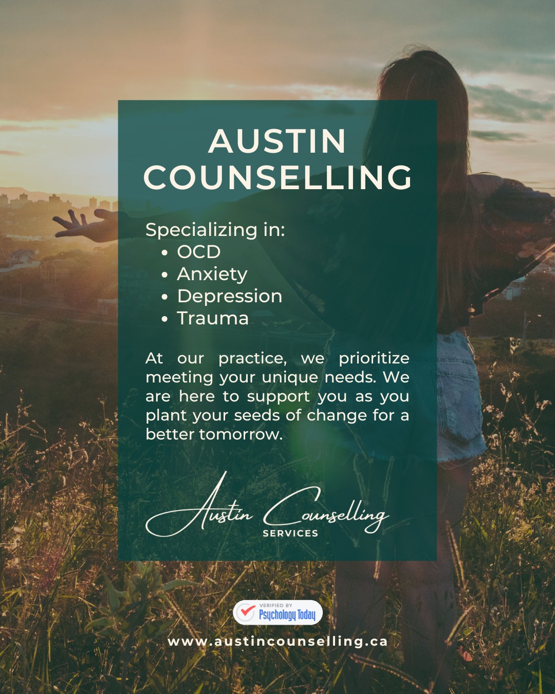 You aren’t alone. At Austin Counselling, we specialize in helping people navigate:
✔️ OCD
✔️ Anxiety
✔️ Depression
✔️ Trauma
We believe your journey is unique, and your counselling should be too. We are here to support you as you plant your seeds of change for a better tomorrow.
📞 Call us at (403) 606-4809
📧 Email: info@austincounselling.ca
Let’s take that next step together.
💚 https://www.austincounselling.ca/