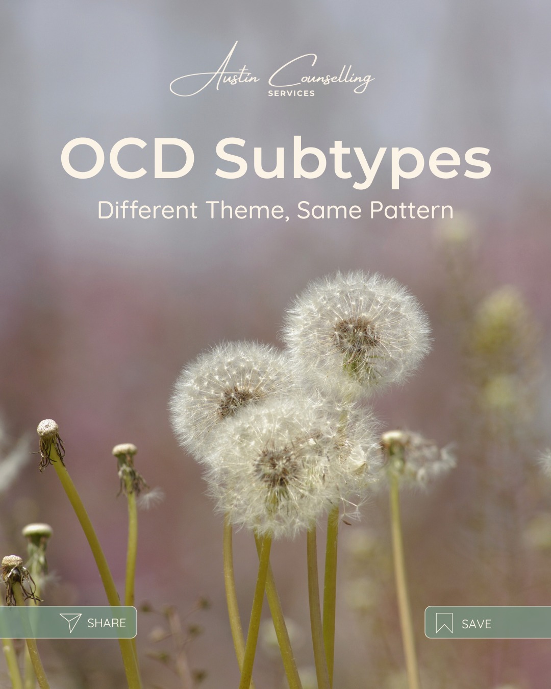 Different theme, same pattern… Let’s talk OCD subtypes.
OCD can show up in many different ways, but underneath every theme is the same cycle of obsessions and compulsions. Subtypes are just different ways this pattern plays out.
OCD subtypes refer to the specific themes your obsessions and compulsions focus on, like germs, harm, or needing things to feel “just right.” They’re not formal diagnoses, but recognizing them can help people feel seen and understood. The slides in this post show just a few examples of some different OCD subtypes.
OCD themes can shift over time, and it’s common to experience more than one at once. What’s important isn’t which subtype you have, but understanding the cycle and how to treat it.
Austin Counselling specializes in helping people with OCD through Exposure and Response Prevention (ERP), a proven therapy that breaks the cycle of obsessions and compulsions. With personalized support, we’ll help you face fear with confidence and reclaim your peace.
Learn more: https://www.austincounselling.ca/ (link in bio)