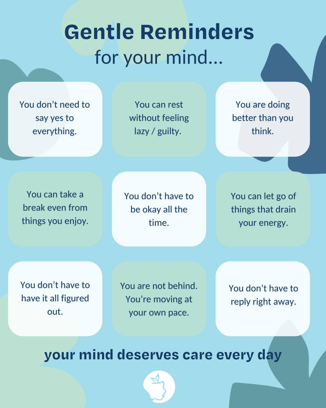 ๐ง October is Mental Health Awareness Month ๐
This month is about raising awareness, breaking down stigma and reminding us that mental health is just as important as physical health.
Sometimes we can be so focused on checking in with others that we forget to check in with ourselves. So let's take a moment to slow down, breathe and pause.
Here are some gentle reminders for your mind, and remember that your mind deserves the same care and compassion you give to others ๐ซ.
If you need support or someone to talk to, here are some resources that can help:
๐ @lifelineaustralia: 13 11 14
๐ฌ @beyondblueofficial: 1300 22 4636
๐งก @kidshelplineau: 1800 55 1800
๐ฑ @headspace_aus: 1800 650 890
#mentalhealth #mentalhealthmatters #mentalhealthawarenessmonth