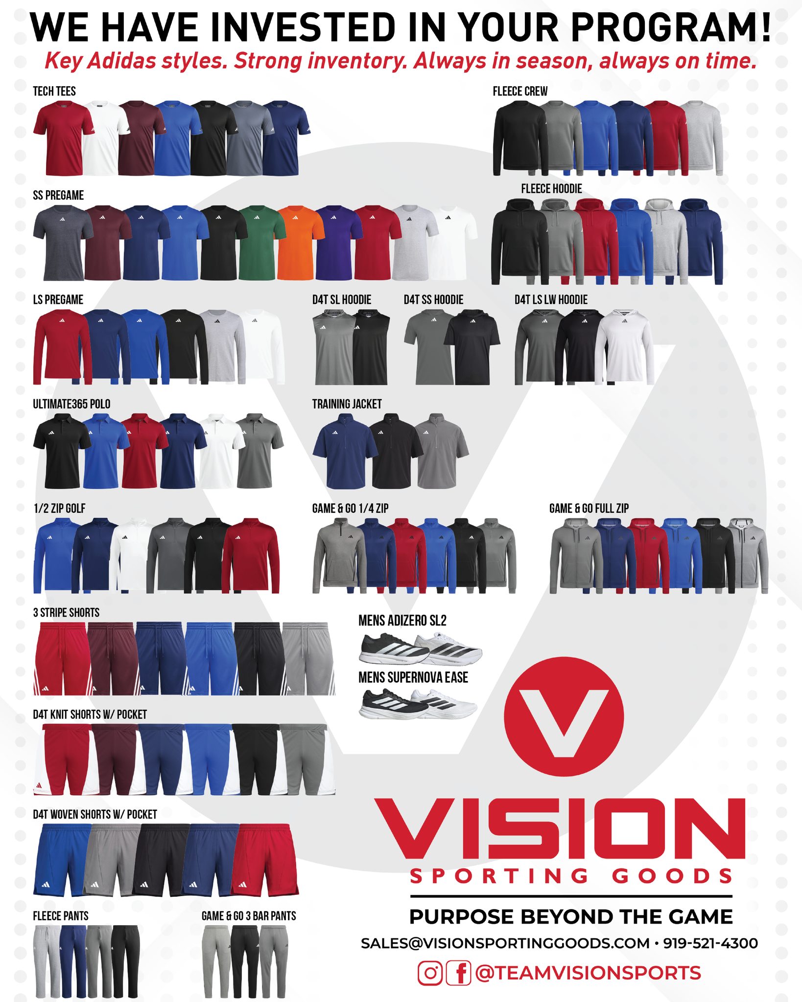 ⚡️ Always in season. Always on time. ⚡️
We’ve stocked up on key Adidas styles so your program never skips a beat—from tees and hoodies to polos, shorts, and footwear.
💧 Don’t forget: Gatorade packages start at just $95—fuel your team the right way.
📲 sales@visionsportinggoods.com | @teamvisionsports
#VisionSportingGoods #Adidas #TeamGear #PurposeBeyondTheGame