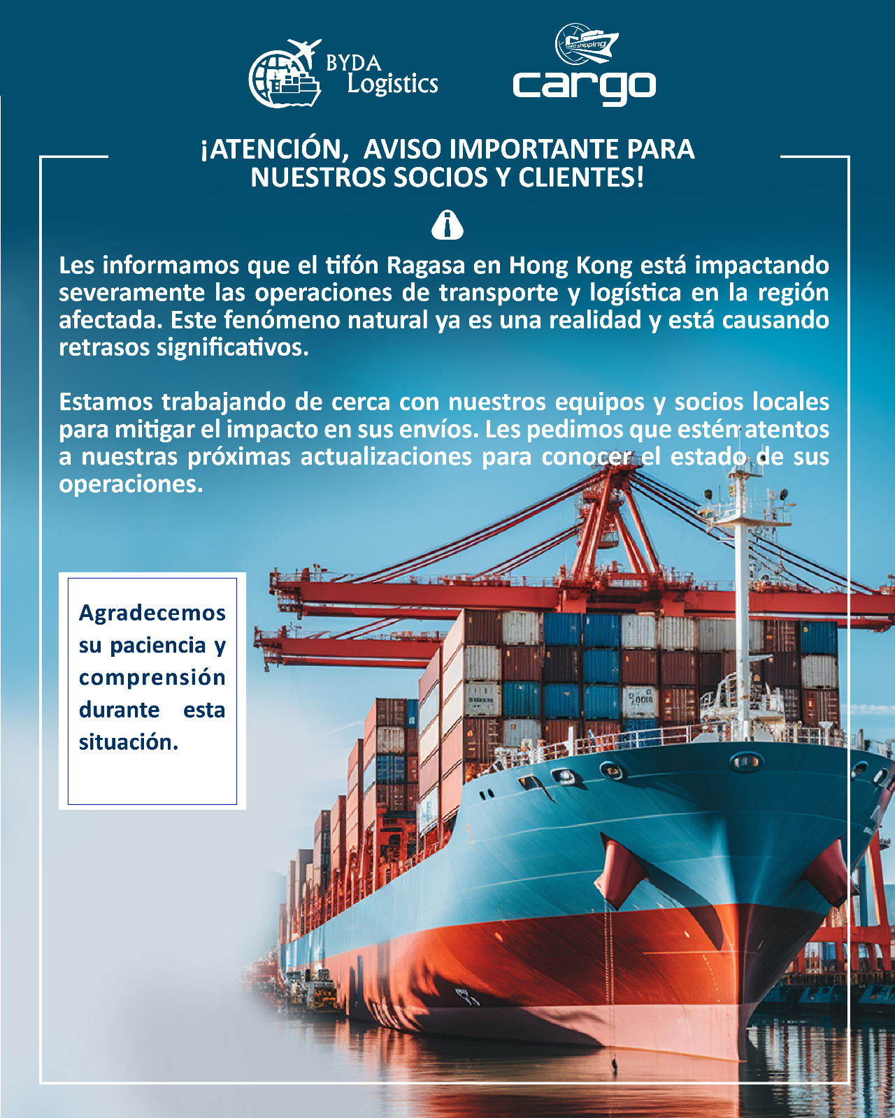 Lamentablemente, este evento ha causado una interrupción significativa en las operaciones de Hong Kong, Shenzhen y Guangzhou. Los puertos y aeropuertos están afectados, y debemos esperar a que las autoridades reestablezcan las condiciones de seguridad.
Esto implica inevitables demoras en los cronogramas de carga. La seguridad es la prioridad absoluta en este momento.
Agradecemos su paciencia.
Les mantendremos informados sobre cualquier actualización.
#TifonAsia #HongKong #Shenzhen #Guangzhou #Logistica