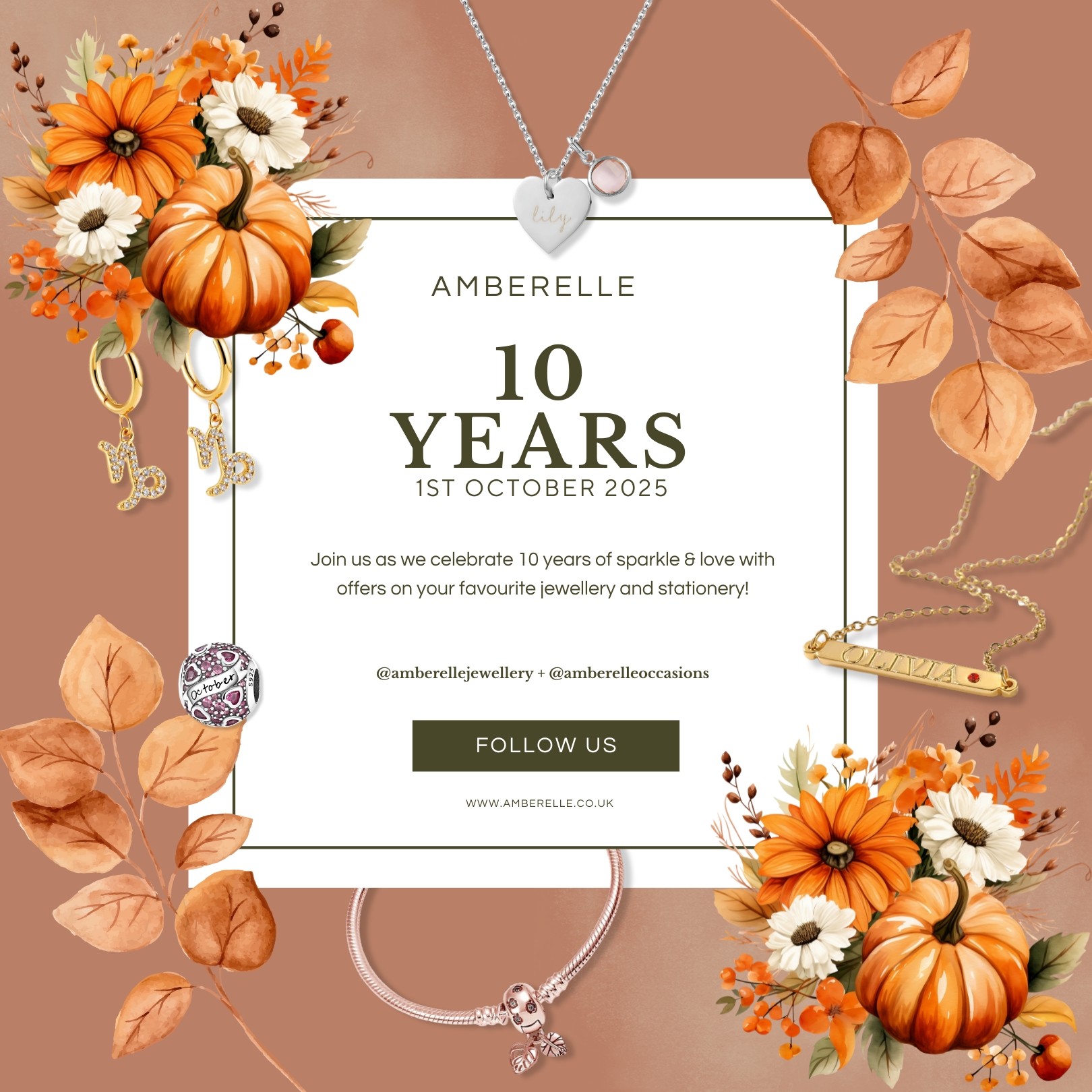 🥂 Amberelle is 10! 🥂
This October marks 10 incredible years of Amberelle Jewellery & Occasions, and we want YOU to celebrate with us!
🌟 Follow Amberelle for:
✔ Exclusive anniversary discounts
✔ Sparkling jewellery inspiration
✔ Wedding & occasion stationery discounts
🎉 Join the celebration and be part of the next 10 years!