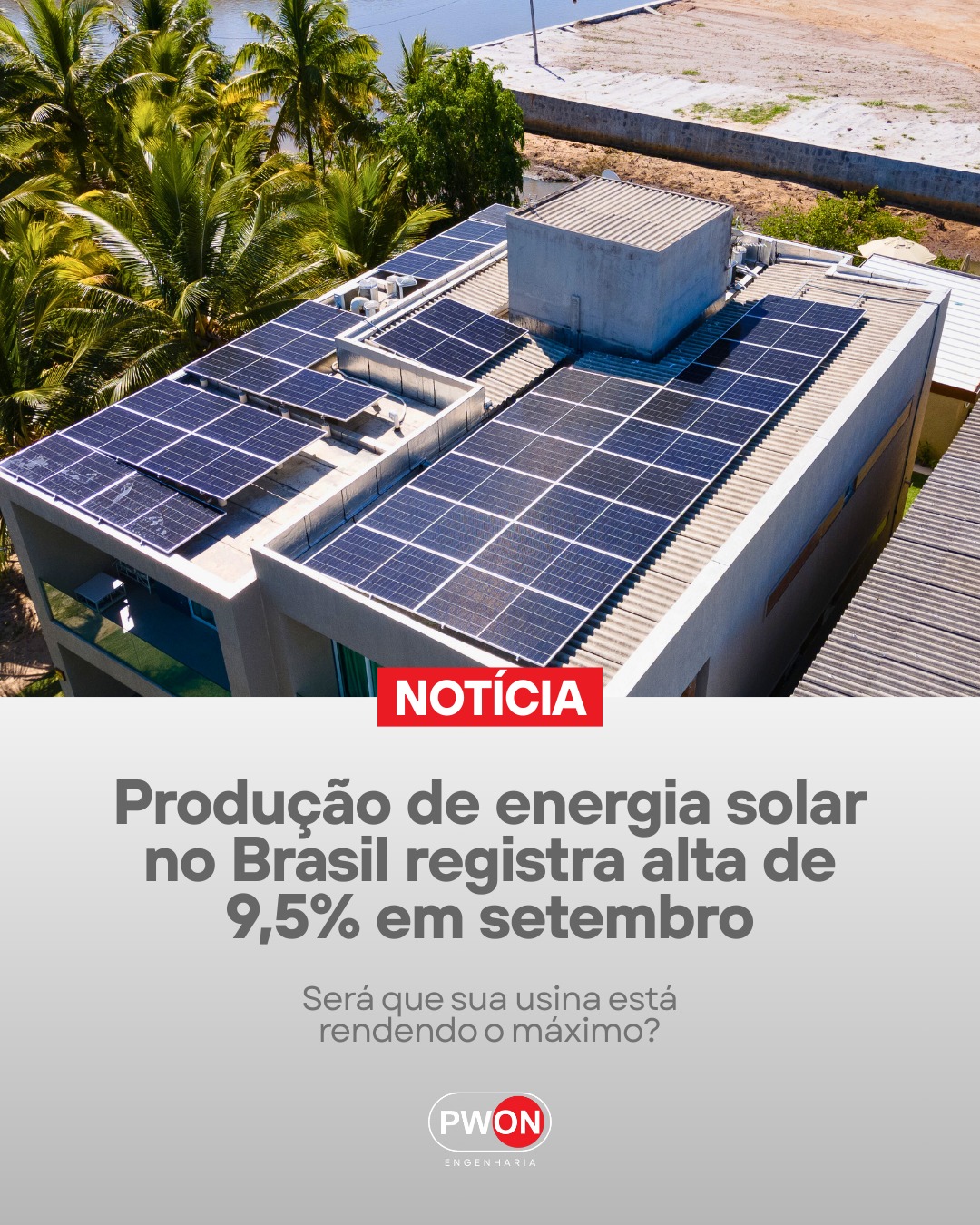De acordo com dados do Operador Nacional do Sistema Elétrico (ONS), a geração de energia solar no Brasil cresceu 9,5% na primeira quinzena de setembro, em comparação ao mesmo período do ano anterior (Fonte: Portal Solar).
Esse número reforça a força da matriz solar no país e o potencial de economia que ela representa. Mas fica a reflexão: será que sua usina está entregando todo esse potencial?
Não deixe sua geração abaixo da média. A PWON garante a manutenção e o suporte para que sua usina opere sempre no máximo da performance.