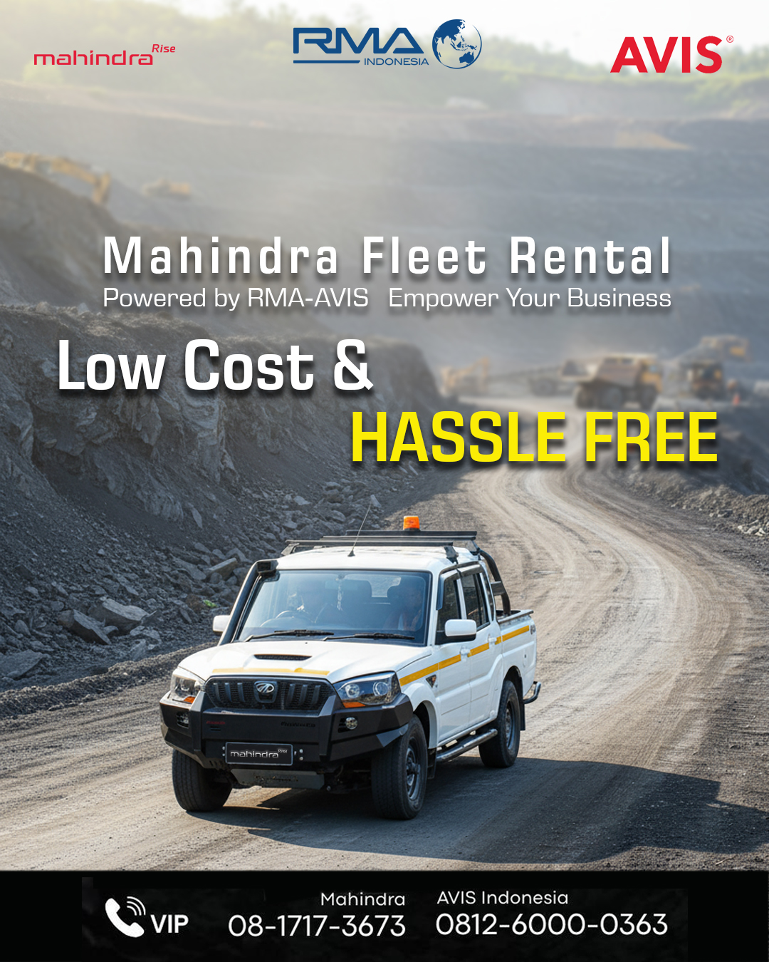 Jangan biarkan masalah kendaraan memperlambat bisnis Anda! Mahindra Fleet Rental hadir untuk memperkuat dan mendukung produktivitas bisnis Anda!
Dapatkan armada tangguh dengan biaya terjangkau dan tanpa repot. Hubungi dan konsultasikan kebutuhan Anda sekarang.
.
.
.
#MahindraScorpio #PikUpKeren #MahindraIndonesia #YourPartnerInSuccess #RMAIndonesia #mahindra4x4 #mining #plantation #farming #miningindonesia #minerals #coal #tambang #sobatenergi #ESDM #miningexpo #agriculture #agriculturelife #tipsandtrick #pertanian #perkebunan #pertambangan #fleet #fleetrental #rentalfleet #pickuprental