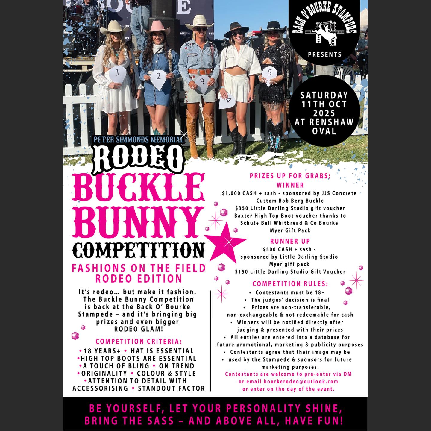 - BACK O’ BOURKE STAMPEDE -
Have you got your boots polished and outfit ready for the Peter Simmonds Memorial Rodeo this Saturday?
Having trained in fashion design I just love checking out all the fashions!!! Checkout this poster I designed for all the information you need if you want to enter the BUCKLE BUNNY COMPETITION! It’s fashions on the field Rodeo Edition!!! 🩷
#lauragillarddesign #designer #backobourke #bourke #visitbourke #bourkensw #backobourkestampede #petersimmondsmemorialrodeo #posterdesign #eventposter
